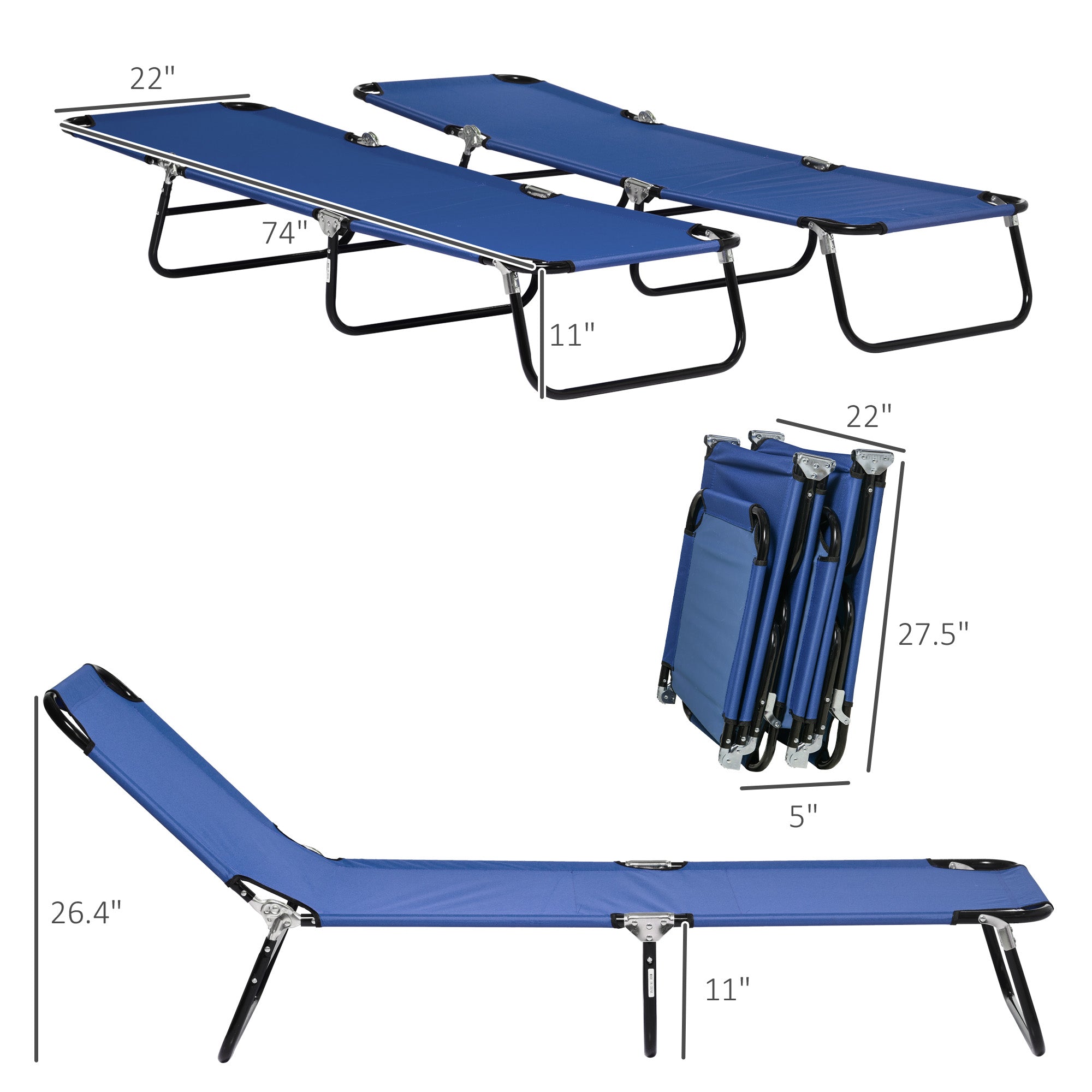 2 Piece Folding Chaise Lounge Pool Chairs, Outdoor Sun Tanning Chairs with 5-Level Reclining Back, Steel Frame for Beach, Yard, Patio