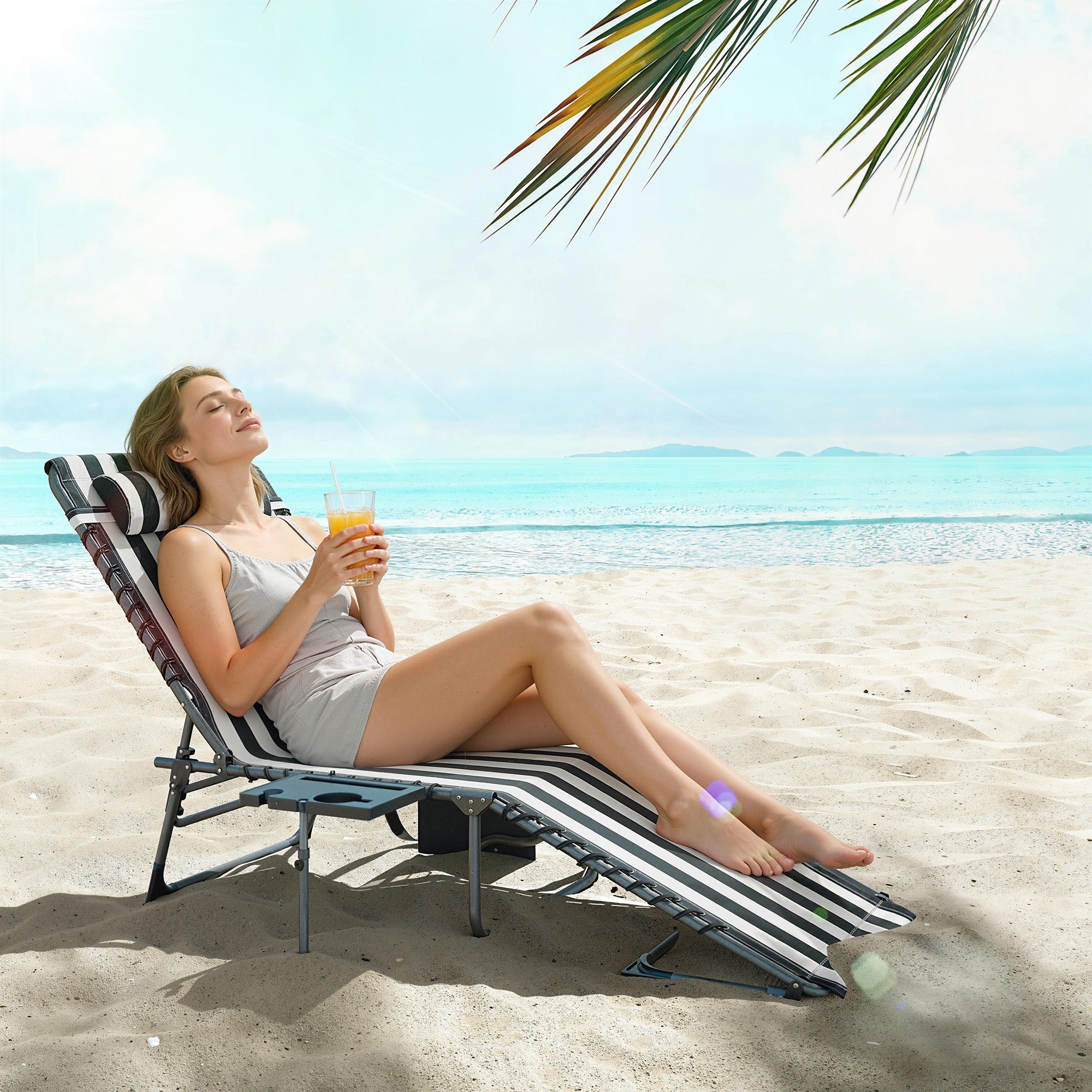Folding Outdoor Chaise Lounge Chair Tanning Chair with 5-Level Adjustable Back, Side Table, Pillow, Pocket