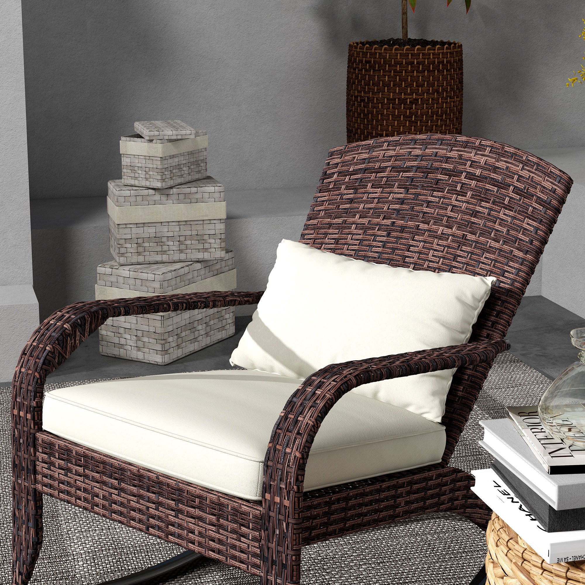 Adirondack Chair, Outdoor Wicker Rocking Chair with High Back, Seat Cushion, and Pillow for Porch, Balcony
