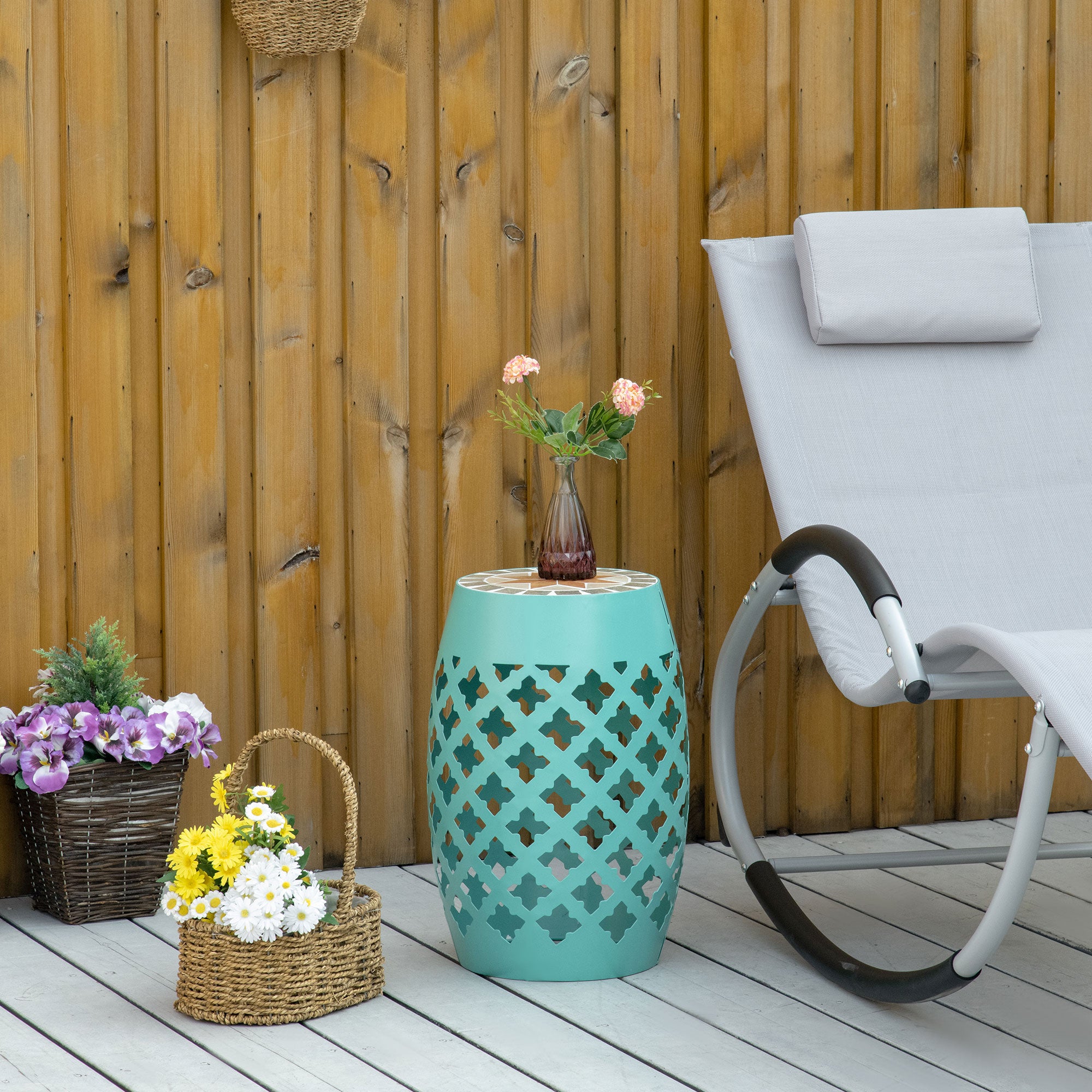 Decorative Outdoor Stool, 12" Round Patio Side Table, Mosaic Accent Plant Stand for Garden, Balcony
