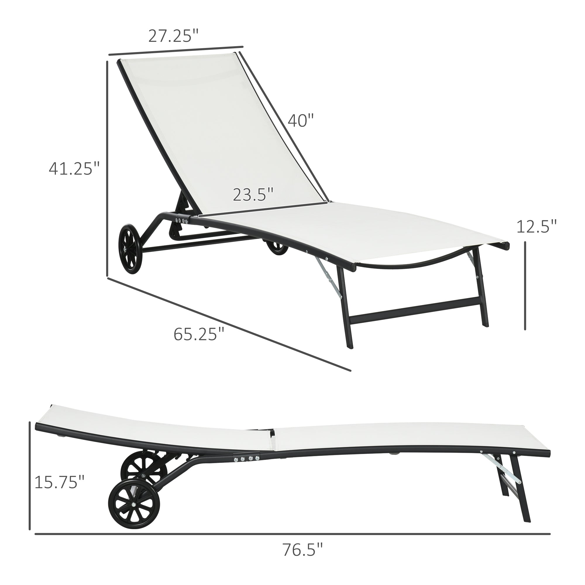 Chaise Lounge Outdoor, 2 Piece Lounge Chair with Wheels, Tanning Chair with 5 Adjustable Positions for Patio, Beach, Yard, Pool