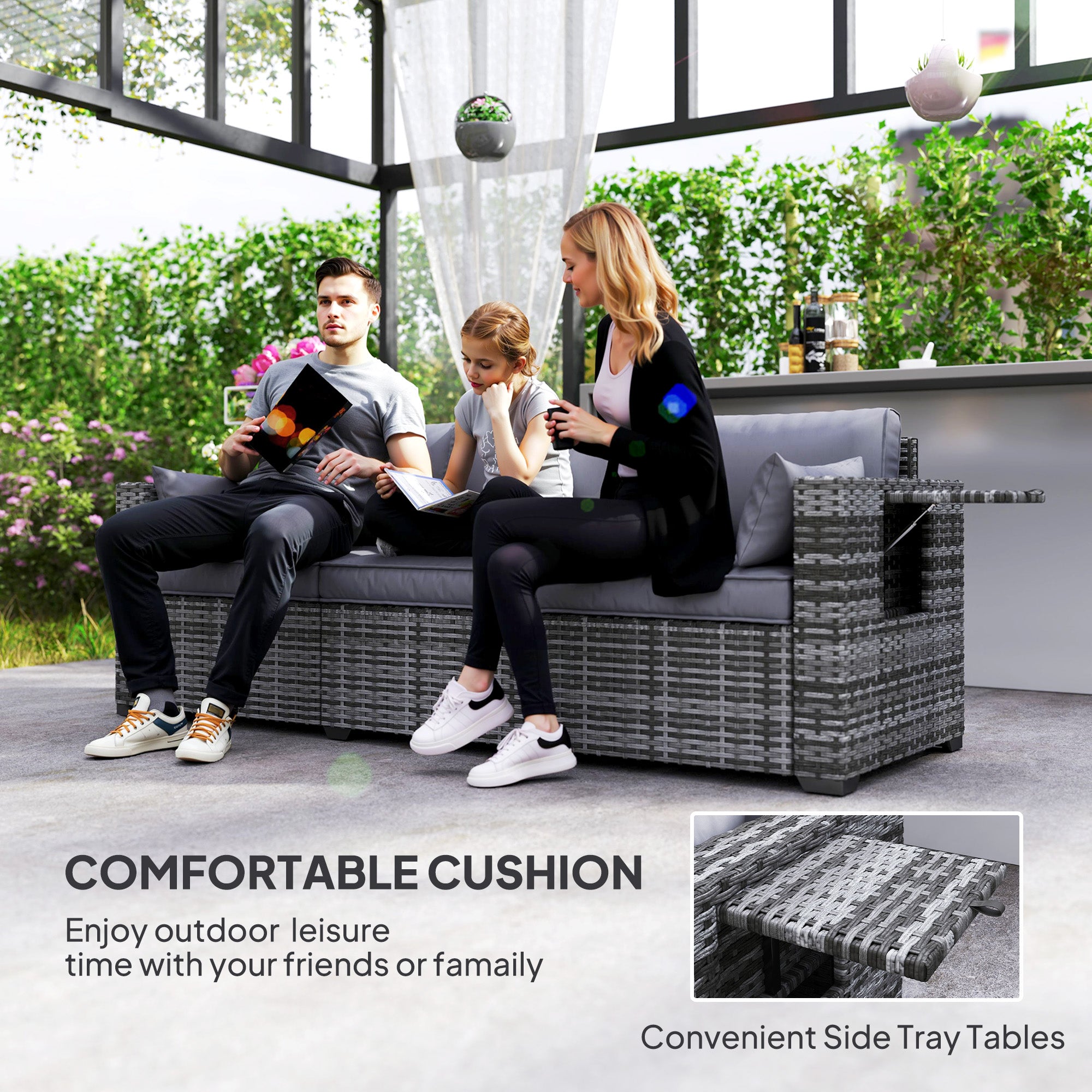 3 Seater Wicker Sofa with Side Trays, Outdoor Patio Couch with 6" Thick Back Cushions, Deep Seating, Mixed Gray