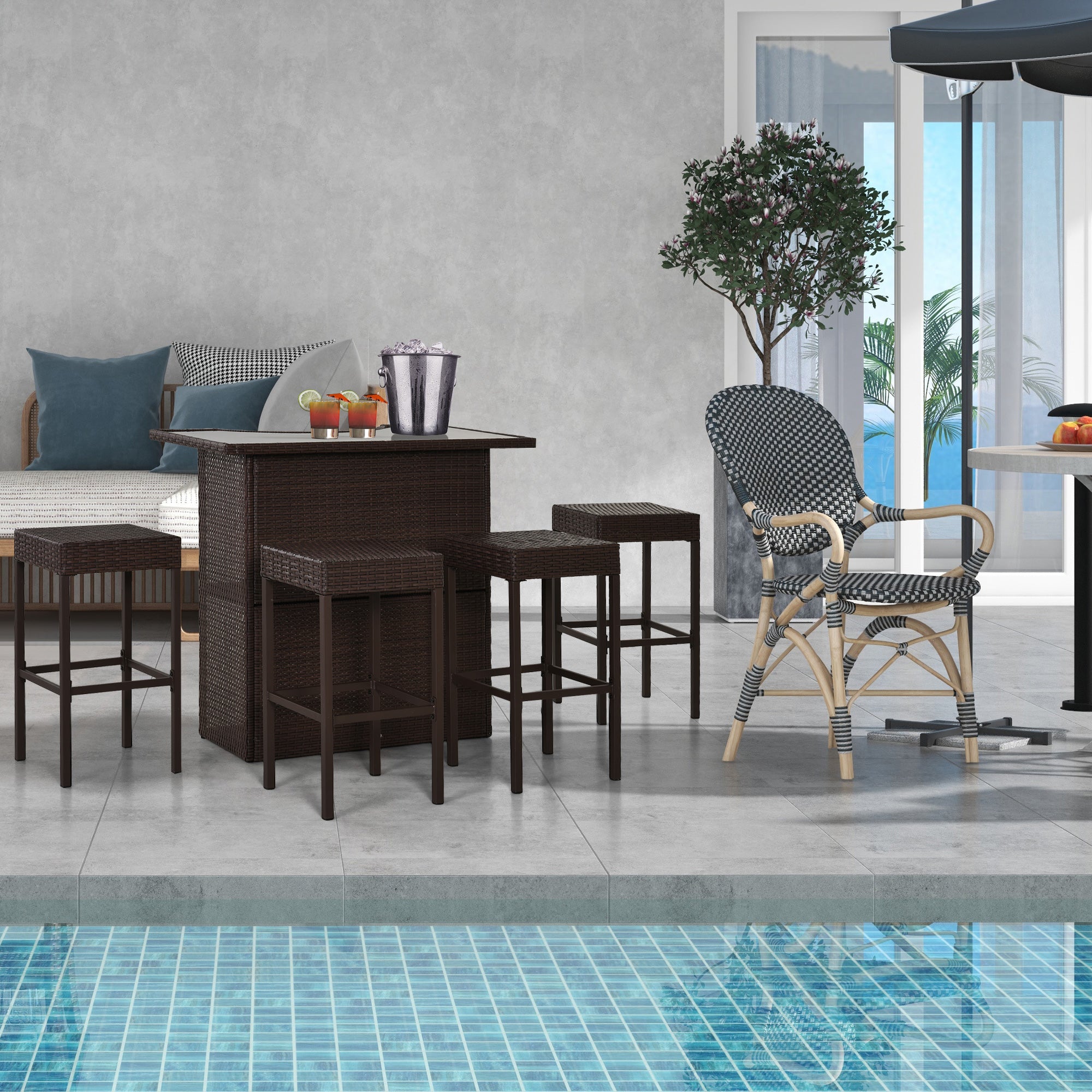 5 Piece Wicker Outdoor Bar Set, High Top Outdoor Table and Chairs, Height Patio Set with Glass Table Top 2 Tier Storage Shelf and 4 Bar Stools for Garden, Poolside, Dark Brown