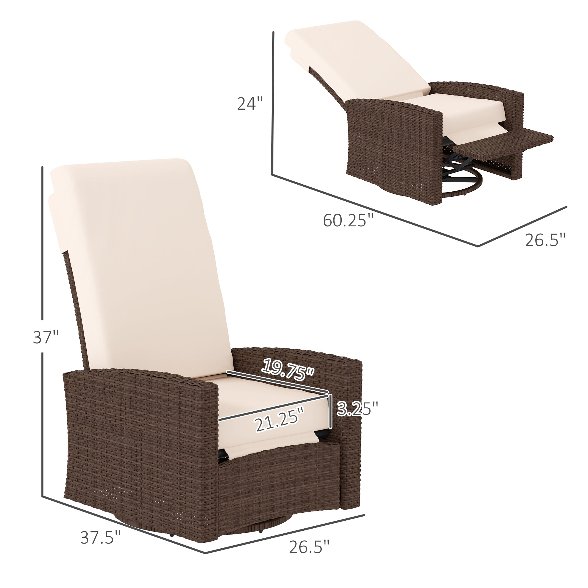 Outdoor Wicker Swivel Recliner Chair, Lifting Footrest, 360° Rotating Basic, Water-resistant Cushions, Dark