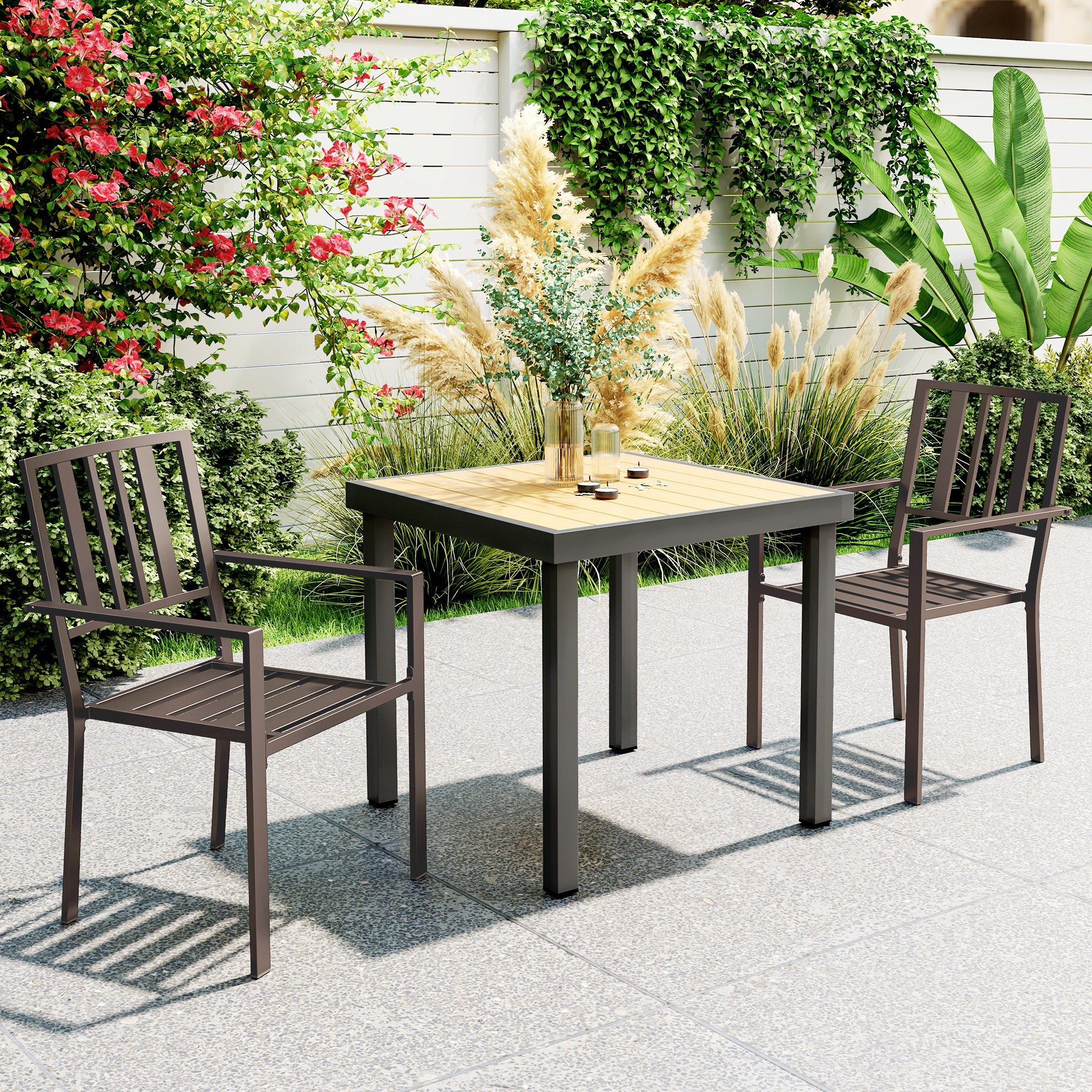 Patio Dining Chairs with Metal Slatted Design, Dark Brown