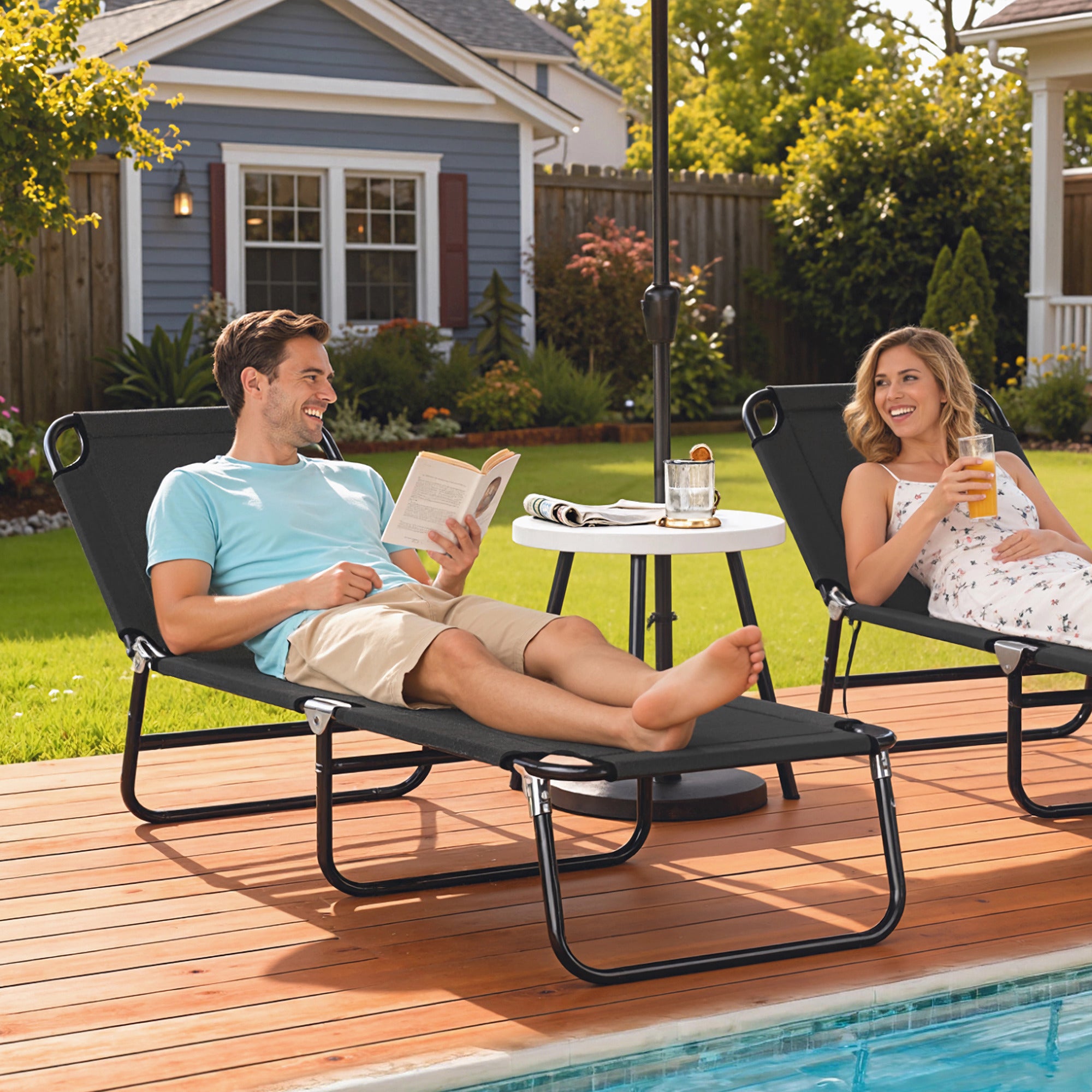 Folding Chaise Lounge Pool Chairs, Outdoor Sun Tanning Chairs with 5-Level Reclining Back, Steel Frame for Beach, Yard, Patio