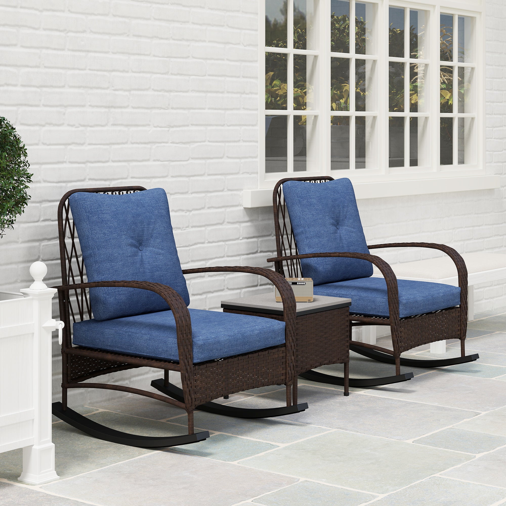 3 Piece Wicker Patio Furniture Set, Outdoor PE Rattan Rocking Chairs with Coffee Table, Cushions for Porch