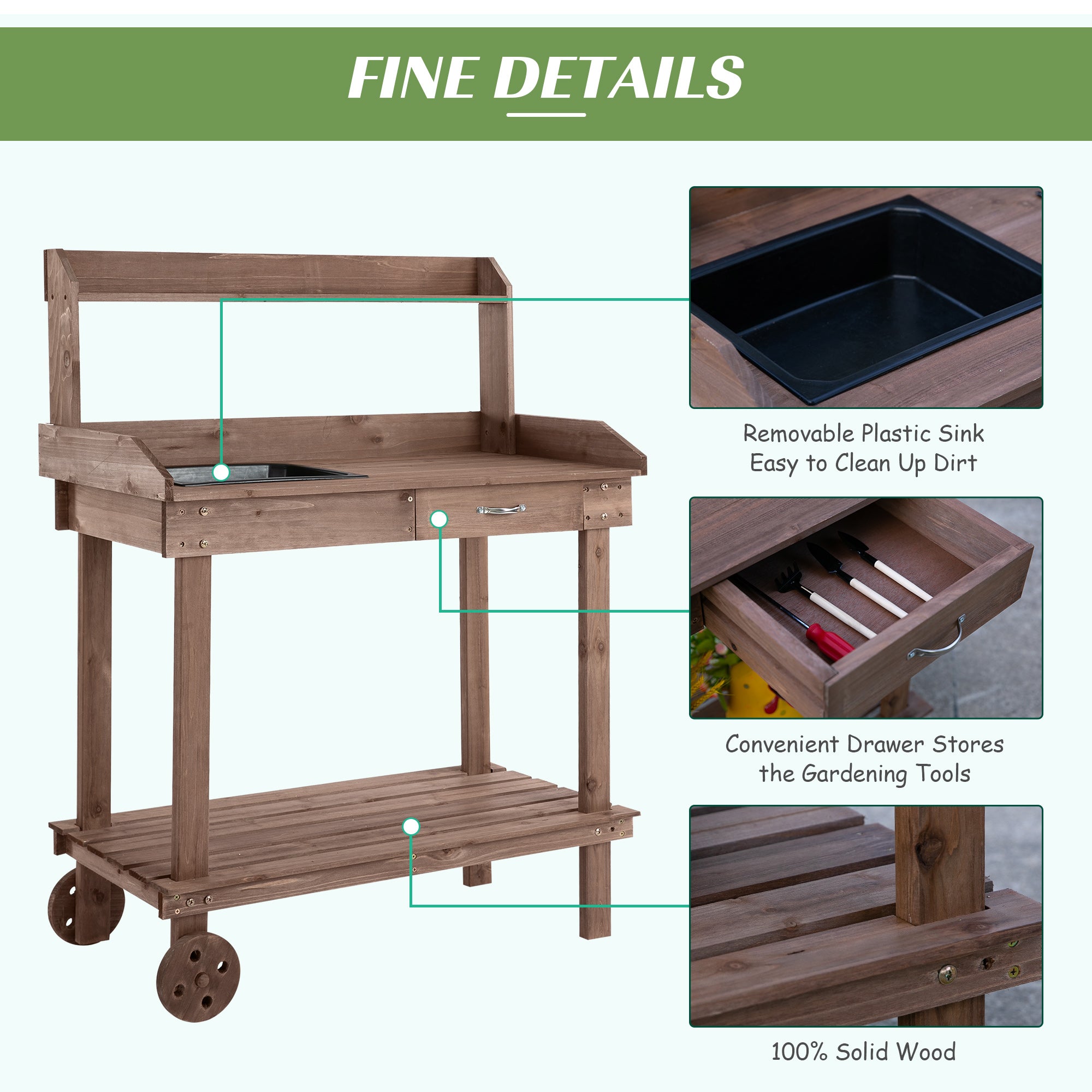 36'' Wooden Potting Bench Work Table with 2 Removable Wheels, Sink, Drawer & Large Storage Spaces