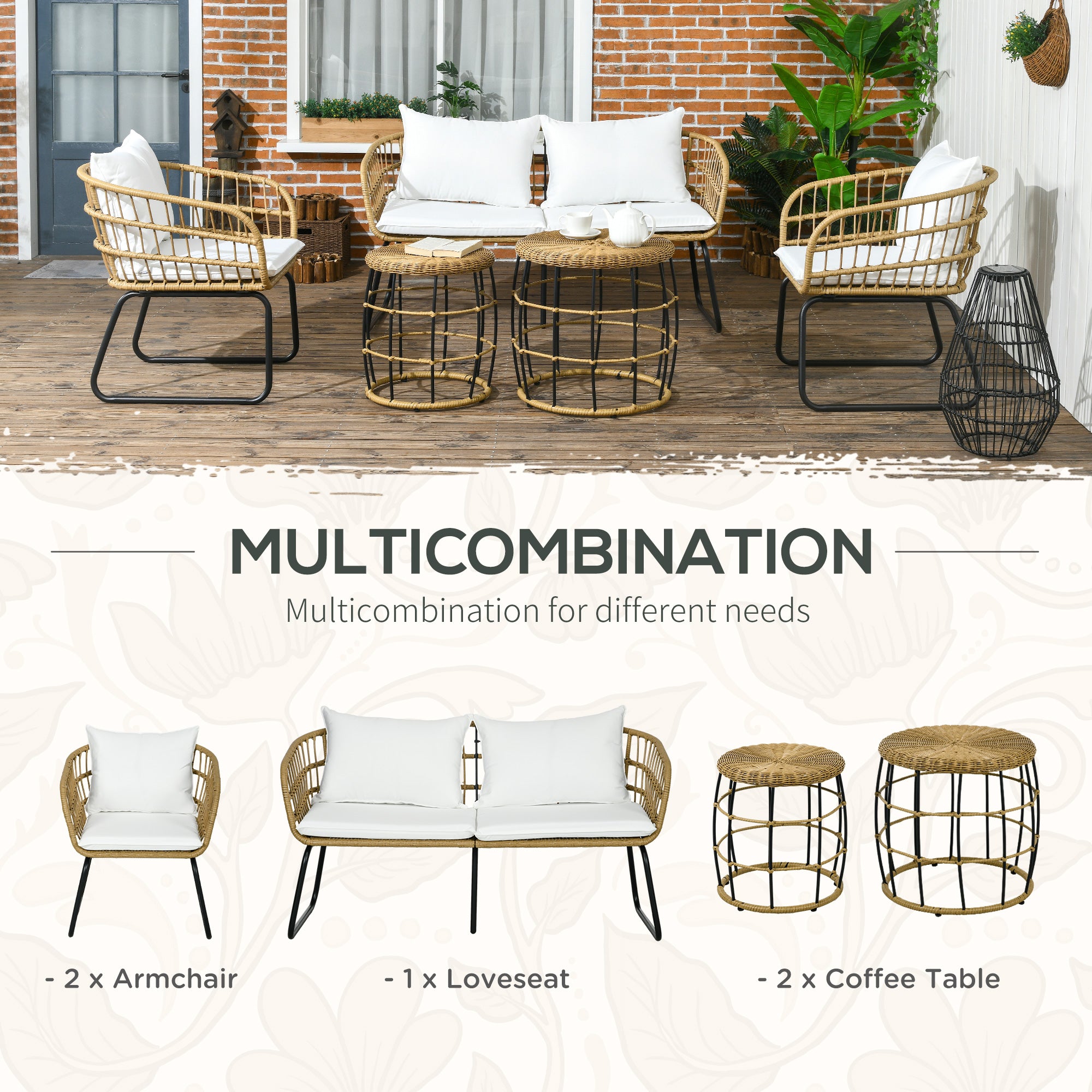 5 Piece PE Rattan Outdoor Furniture Set with Cushioned Chairs, Loveseat Sofa & Stackable Coffee Tables
