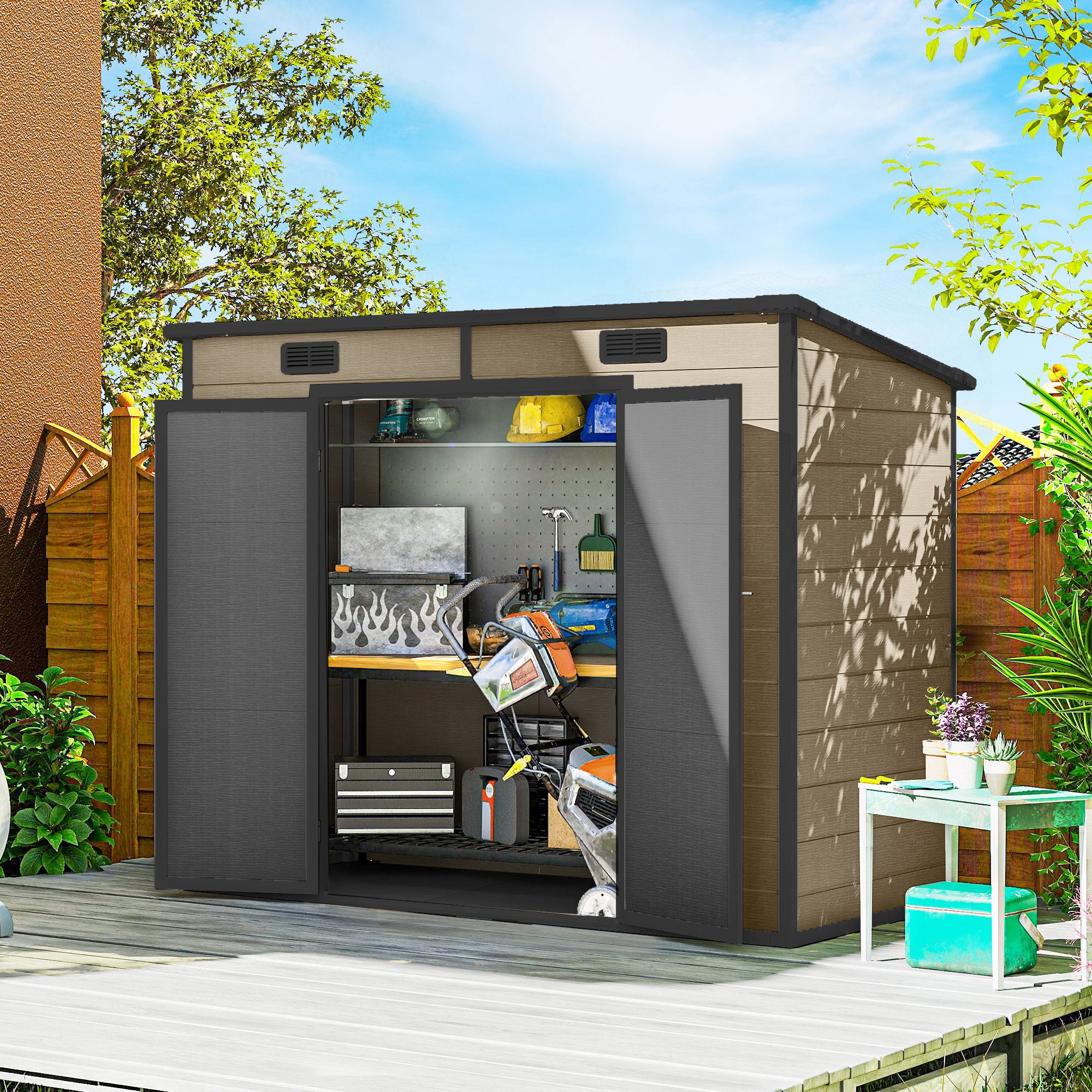 8' x 4' Plastic Outdoor Storage Shed with Floor, Window, Lockable Doors and Vents for Backyard Patio Lawn