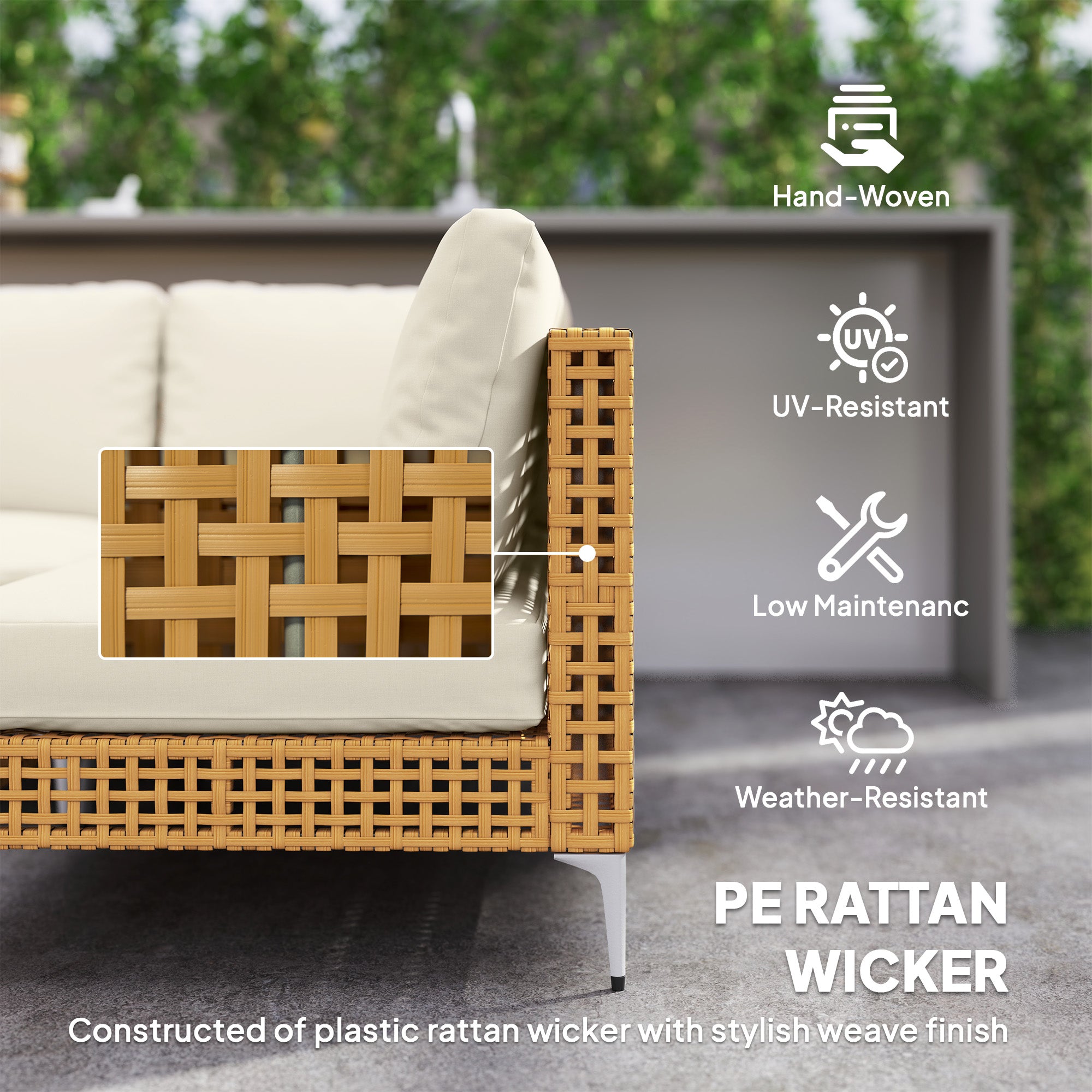 7 Piece Wicker Patio Furniture Set, Modular Outdoor Sectional with Thickened Cushions, Acacia Wood Table