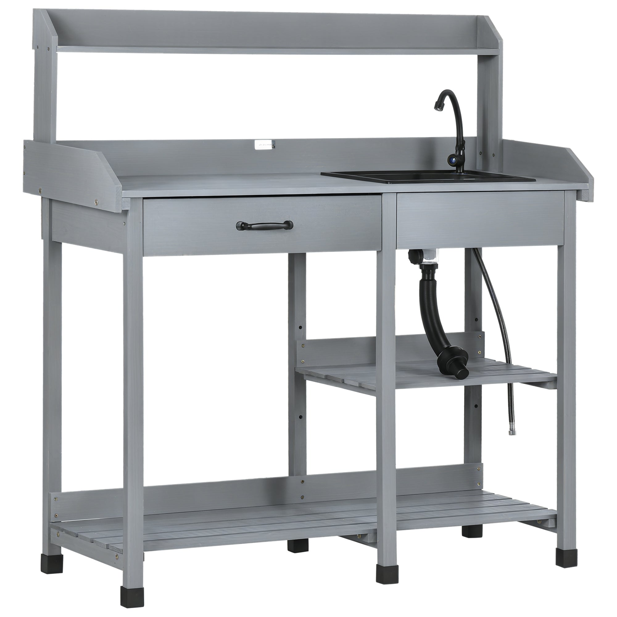 Potting Bench Table, Outdoor Garden Table Wooden Work Station with Removable Sink, Faucet, Drawer, Shelves, Hooks