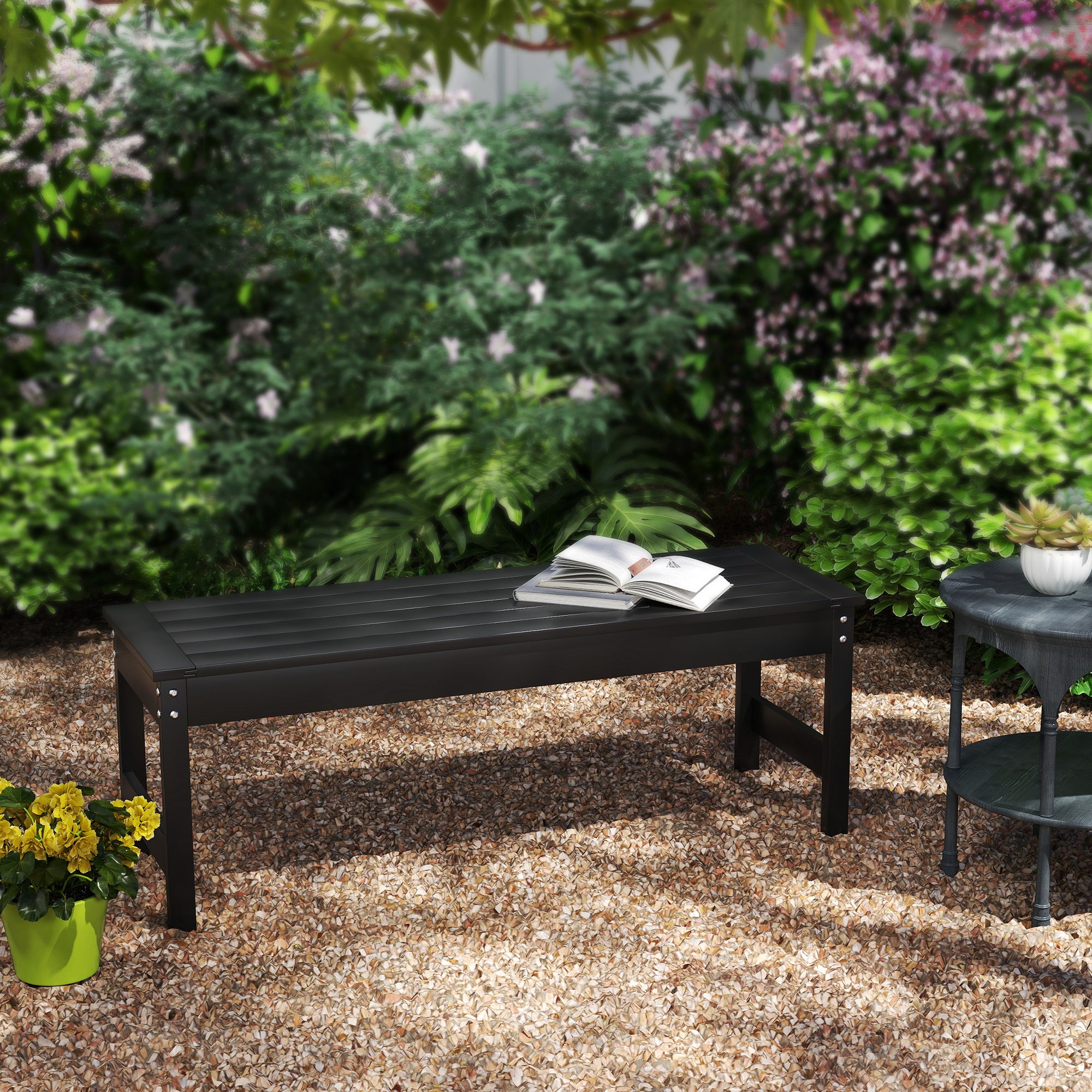 47" Outdoor Bench Seat, HDPE All-Weather Garden Bench, Backless Slatted Patio Bench for Yard, Porch, Park, Black