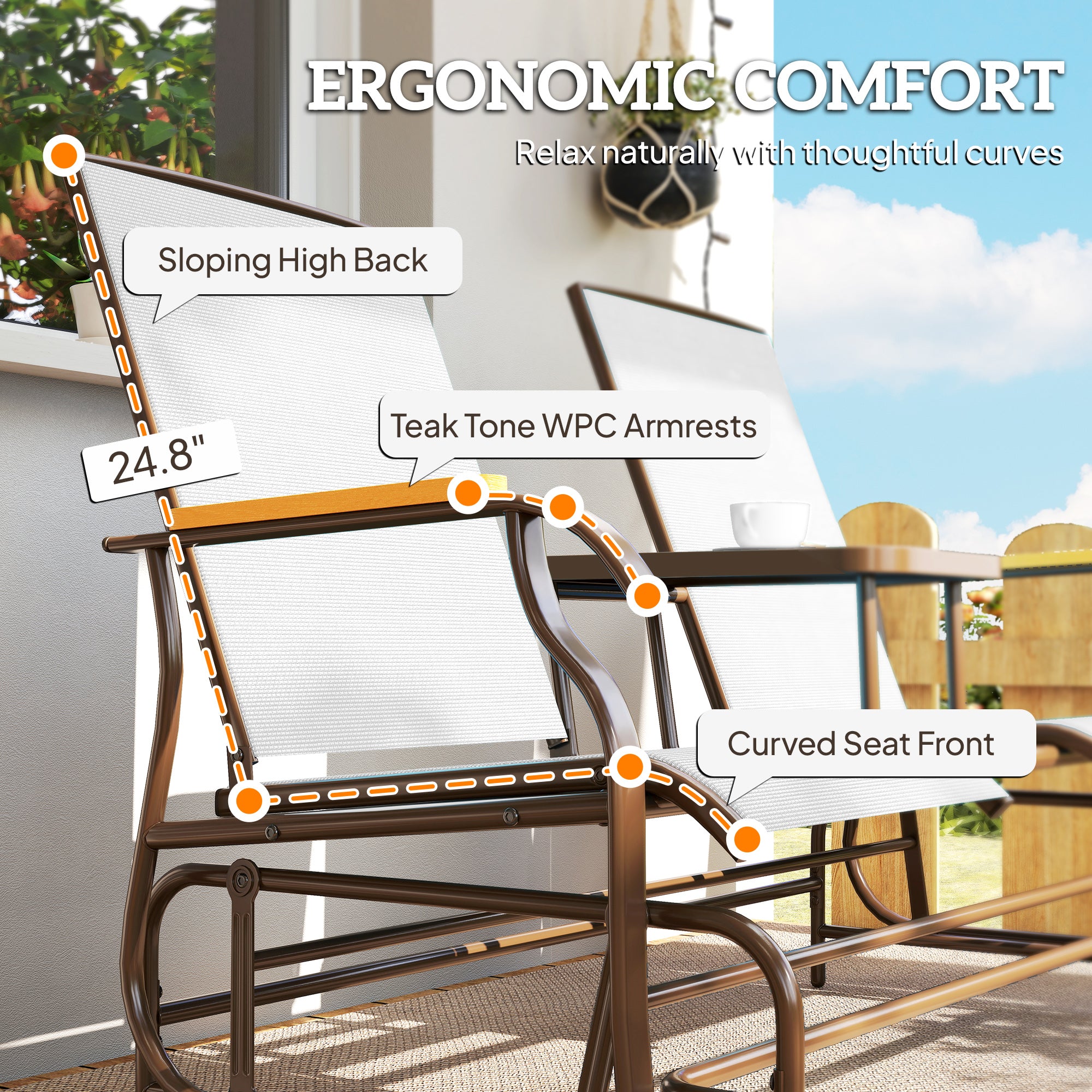 Outdoor 2-Person Glider Bench, Outside Glider Swing Chair Loveseat with Table, Steel Frame