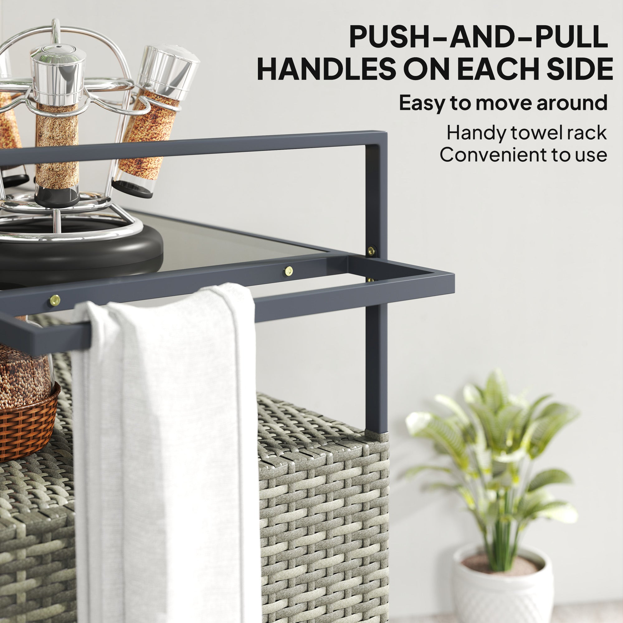 2-Tier Shelf PE Rattan Outdoor Bar Table, Glass Top Outdoor Serving Cart with Cabinet