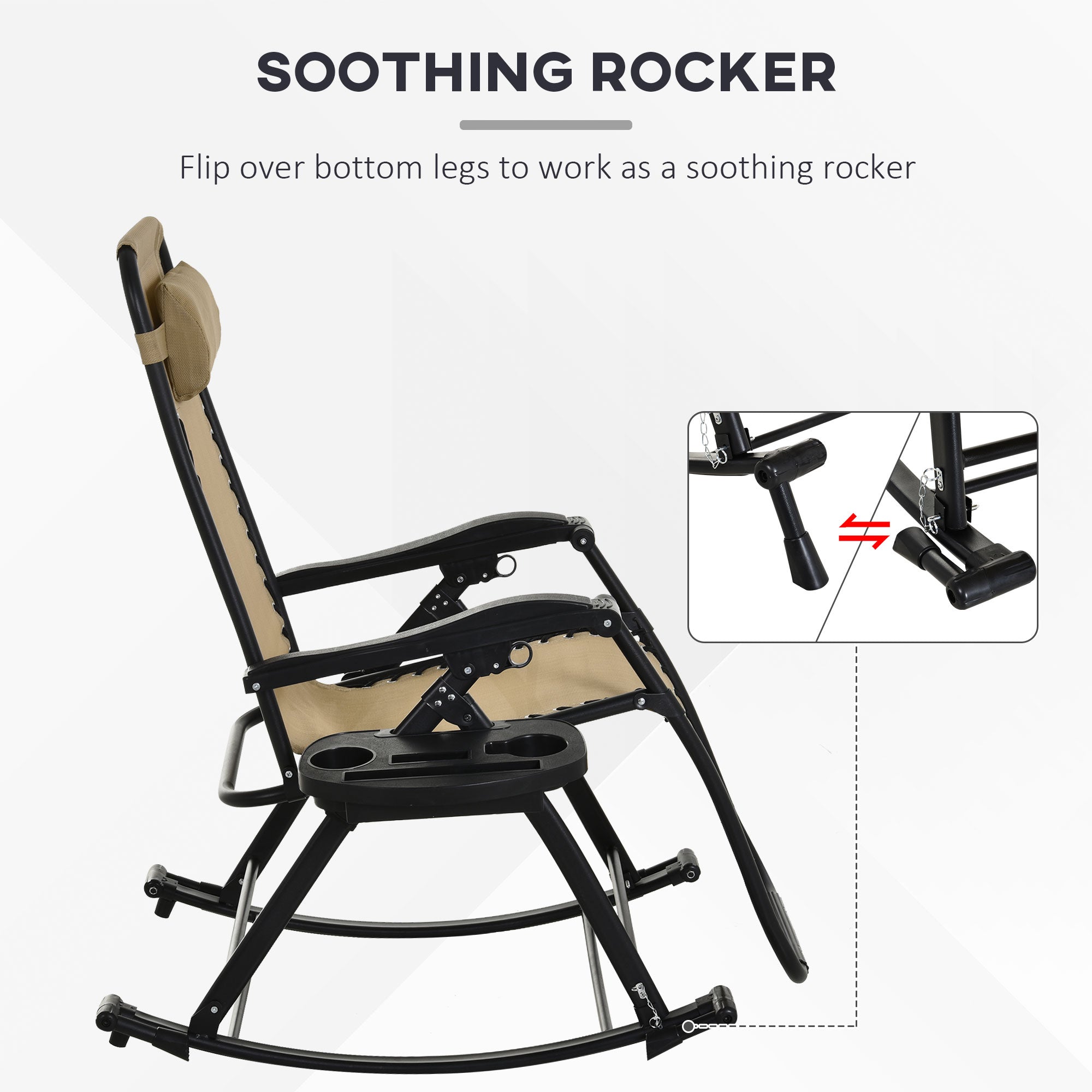 2 Outdoor Rocking Chairs Foldable Reclining Zero Gravity Lounge Rockers w/ Pillow Cup & Phone Holder
