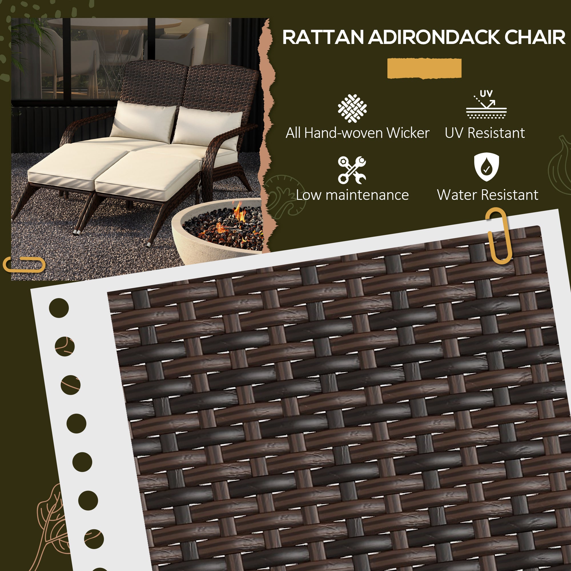 2 Person Patio Wicker Adirondack Chair, High-Back Fire Pit Chair with Cushions