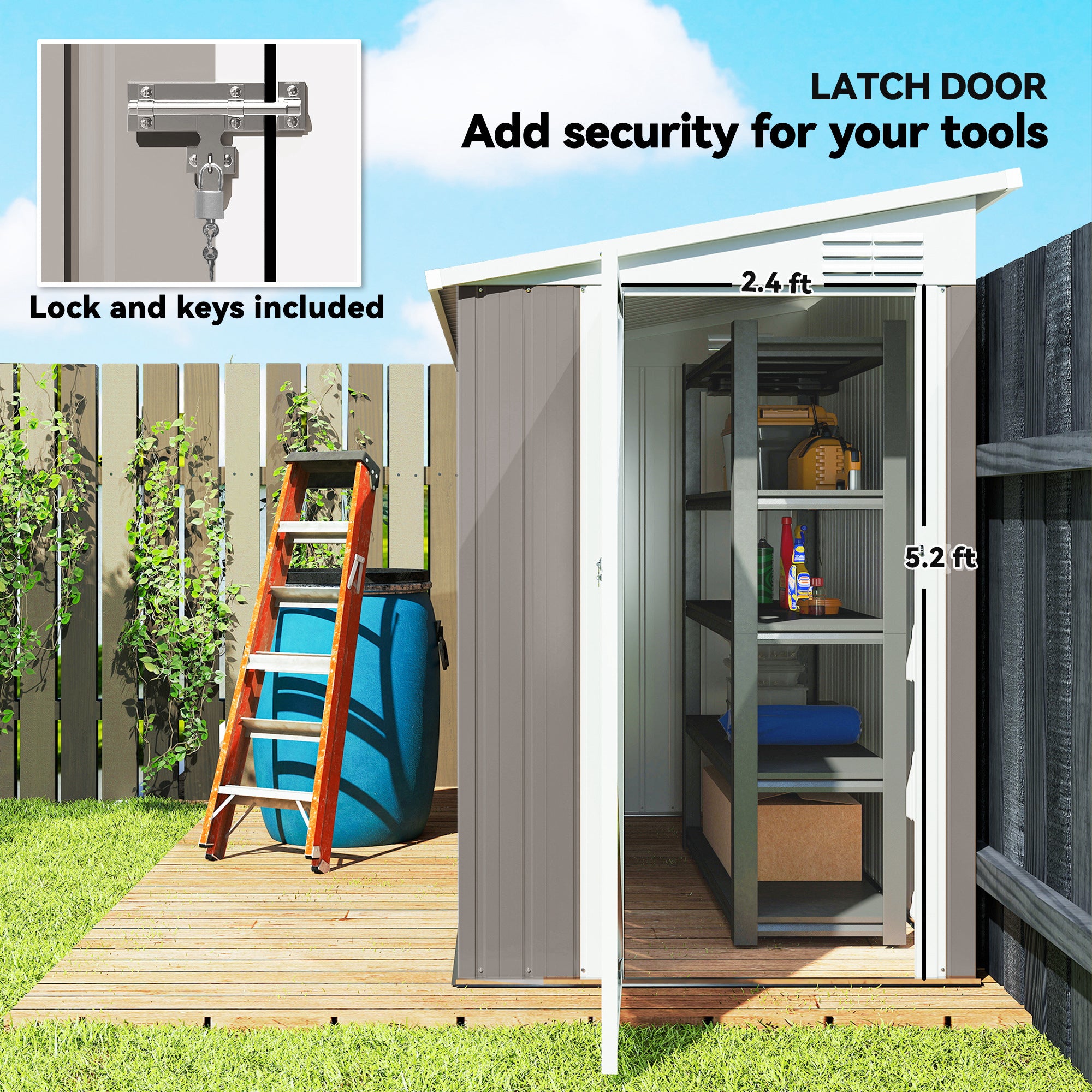 4' x 7.7' Lean to Garden Storage Shed, Outdoor Metal Tool House with Lockable Door Vents for Backyard Patio Lawn