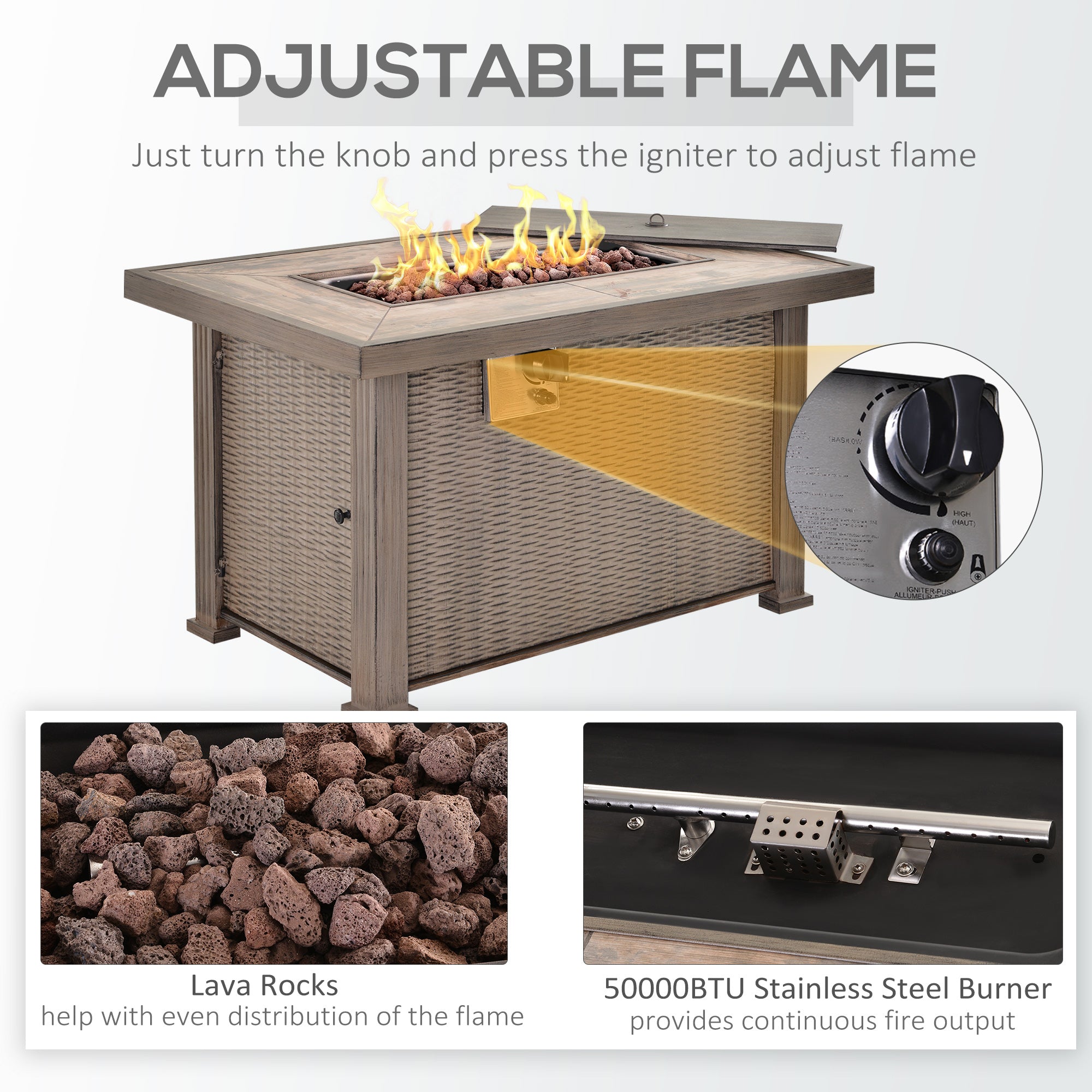Propane Fire Pit Table, 30,000 BTU 42" Wicker-Effect Gas Fire Table, Auto-Ignition Rectangular Outdoor Firepit with Lid, Ceramic Tabletop, Lava Rocks and Rain Cover, CSA Certification, Gray