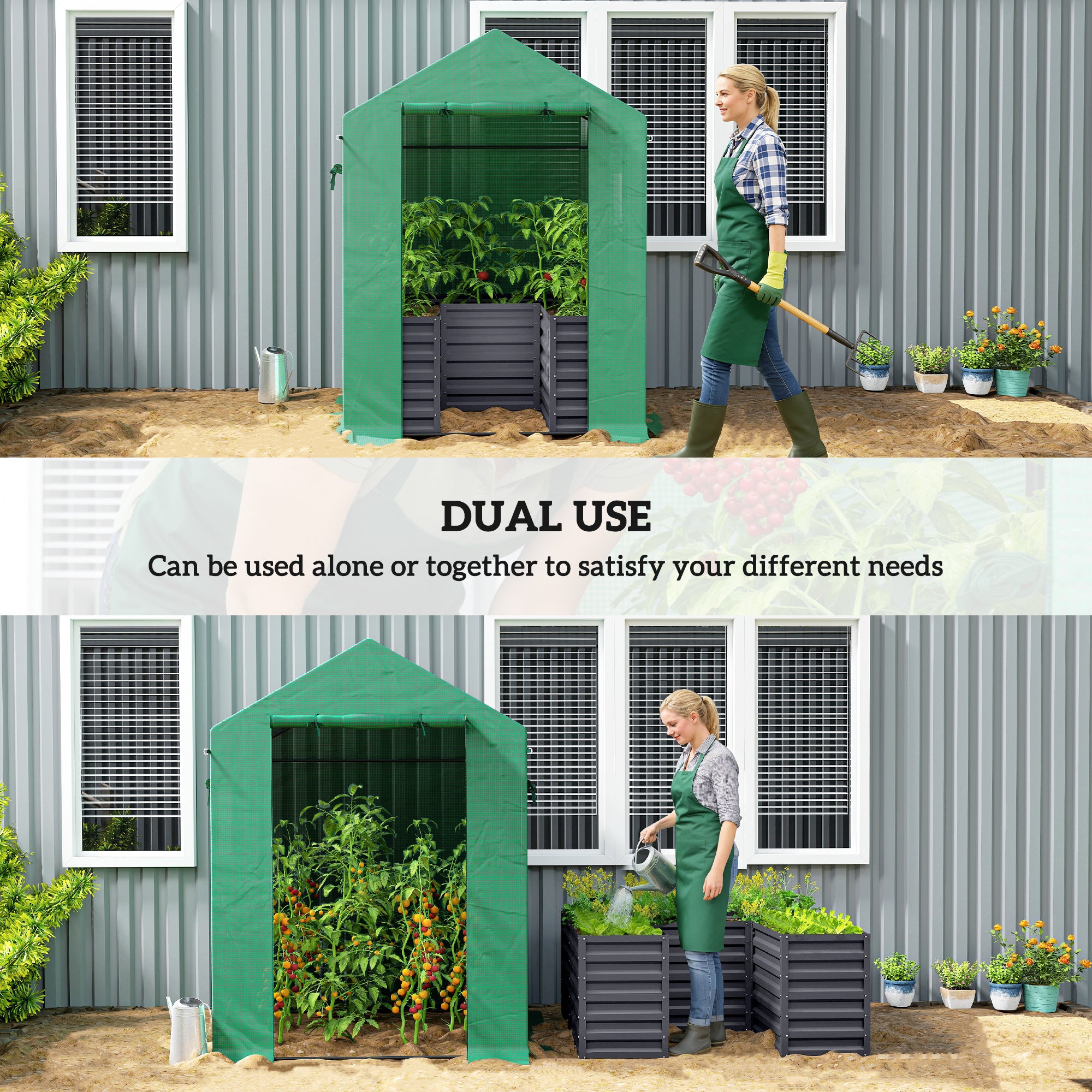 Greenhouse with Raised Garden Bed, Galvanized Steel Outdoor Greenhouse with Roll Up Door, 56" x 56" x 75"