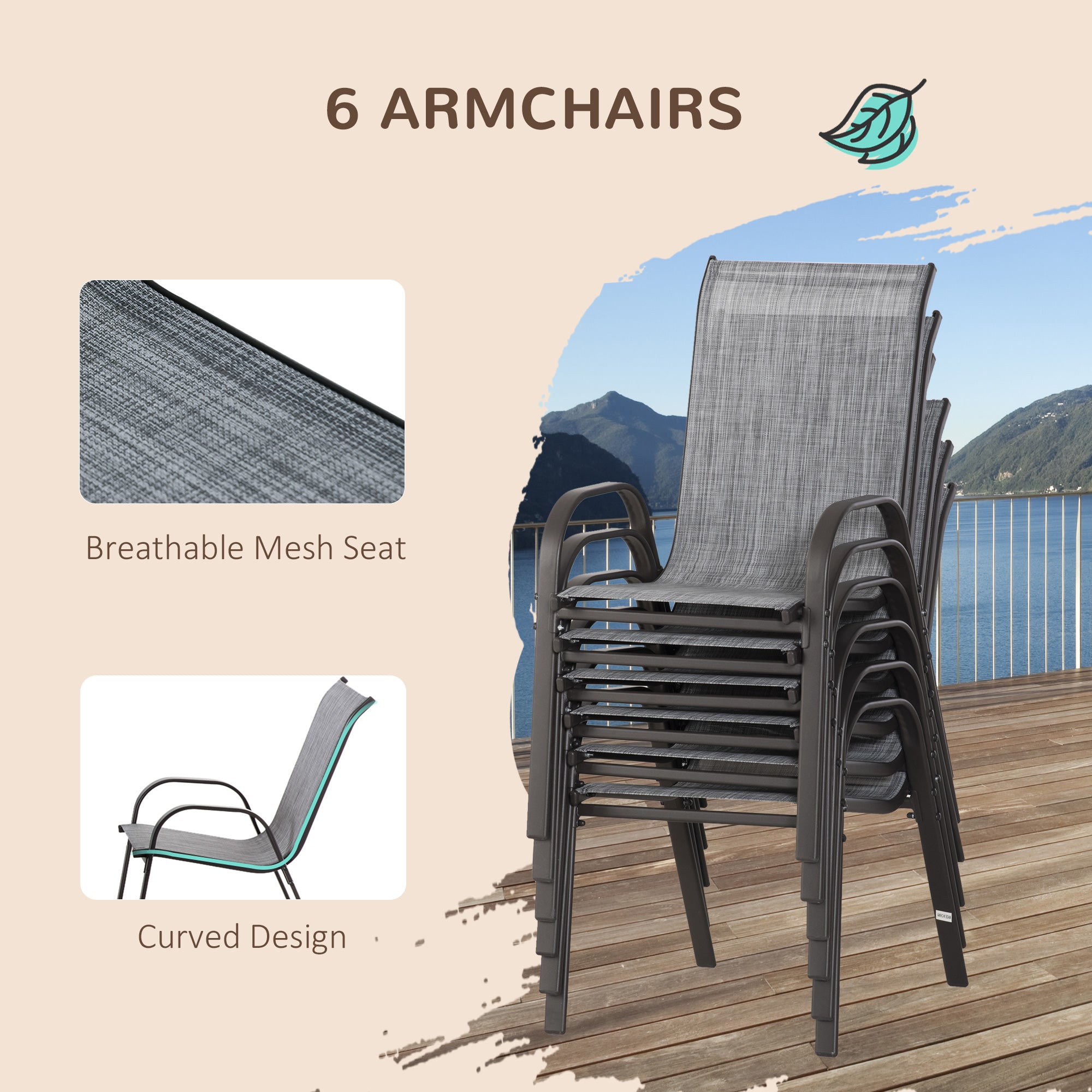 8 Pieces Patio Furniture Set with 9Ft Patio Umbrella, Outdoor Dining Table and Chairs, 6 Chairs, Push Button Tilt and Crank Parasol, Tempered Glass Top, Gray