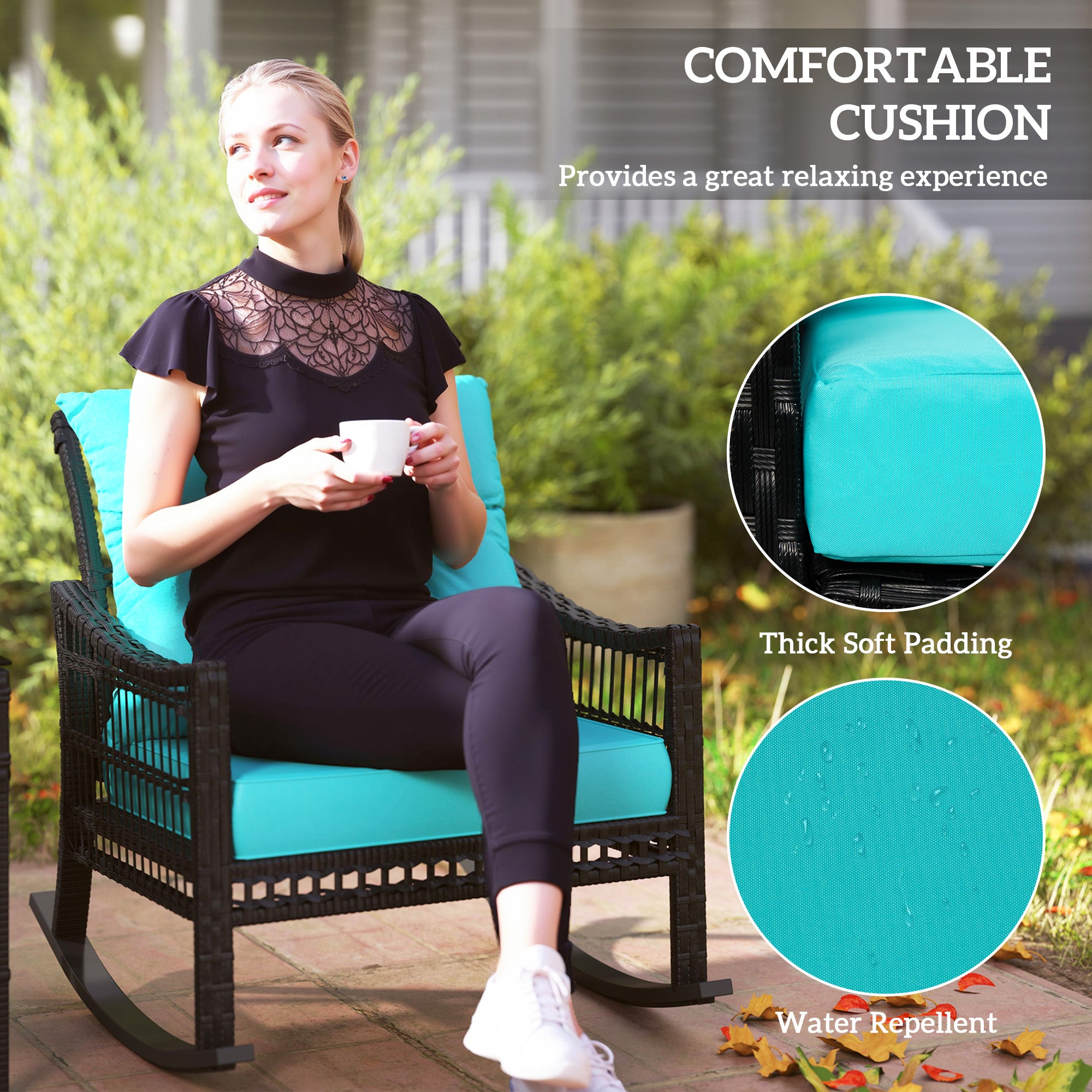 3 Piece Outdoor PE Rattan Rocker Chair Set, Rocking Chair with Tempered Glass Table Top