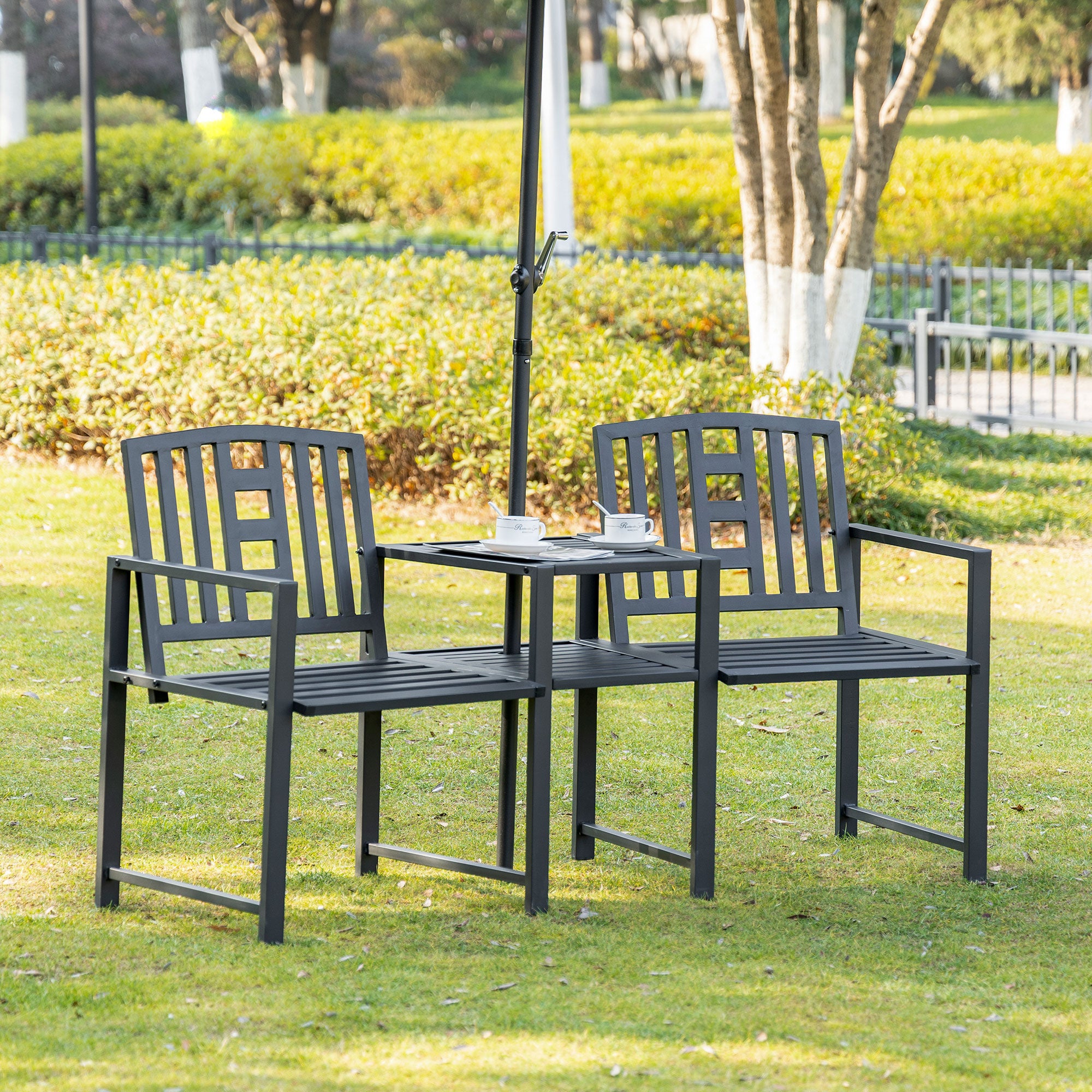 Metal Garden Bench with Middle Table and Umbrella Hole, 2-in-1 Double Patio Chairs, Outdoor 2-person Tete-a-Tete, Slatted, Black
