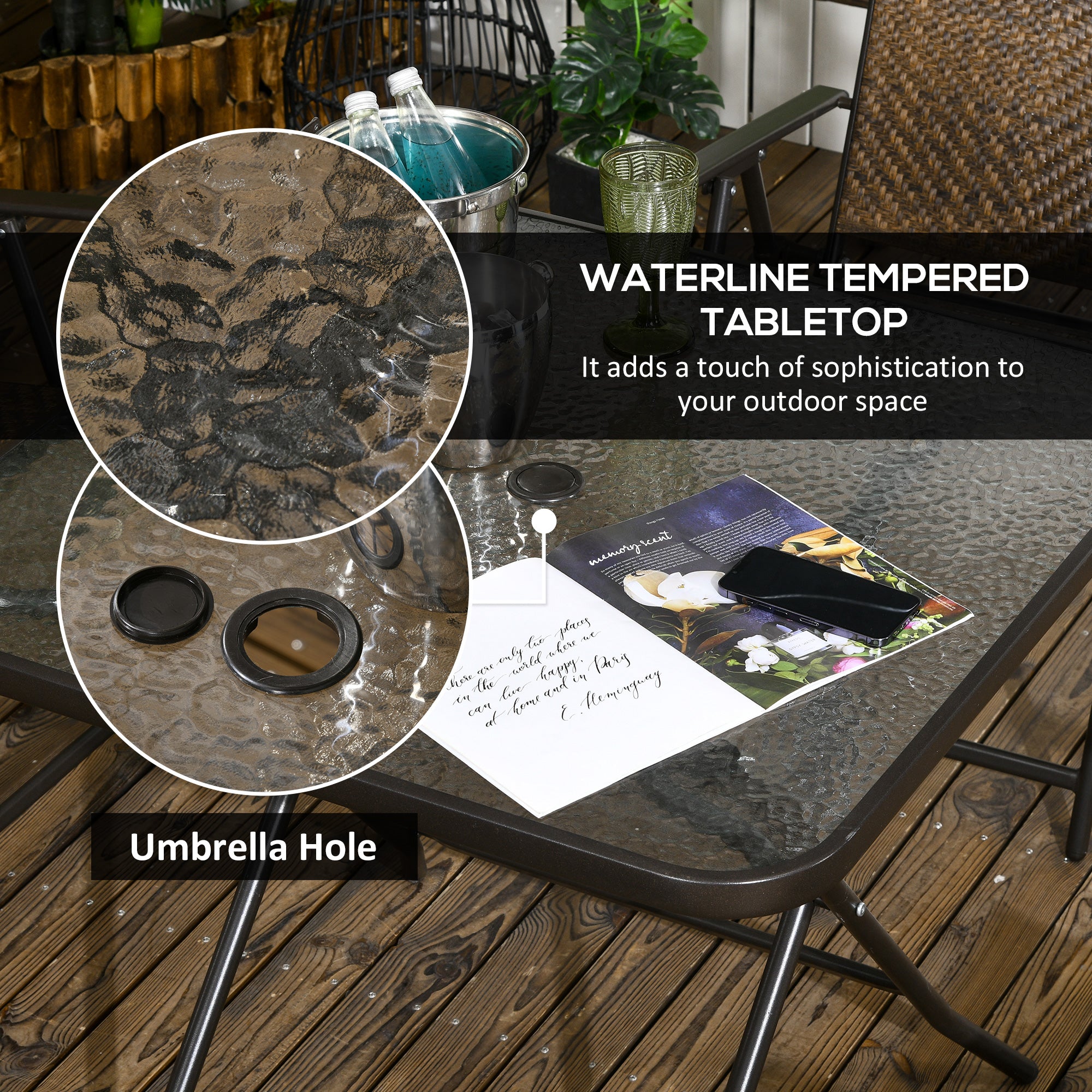 5 Pieces Patio Table and Chairs, Foldable Wicker Outdoor Dining Table Set with Umbrella Hole, Dark Brown