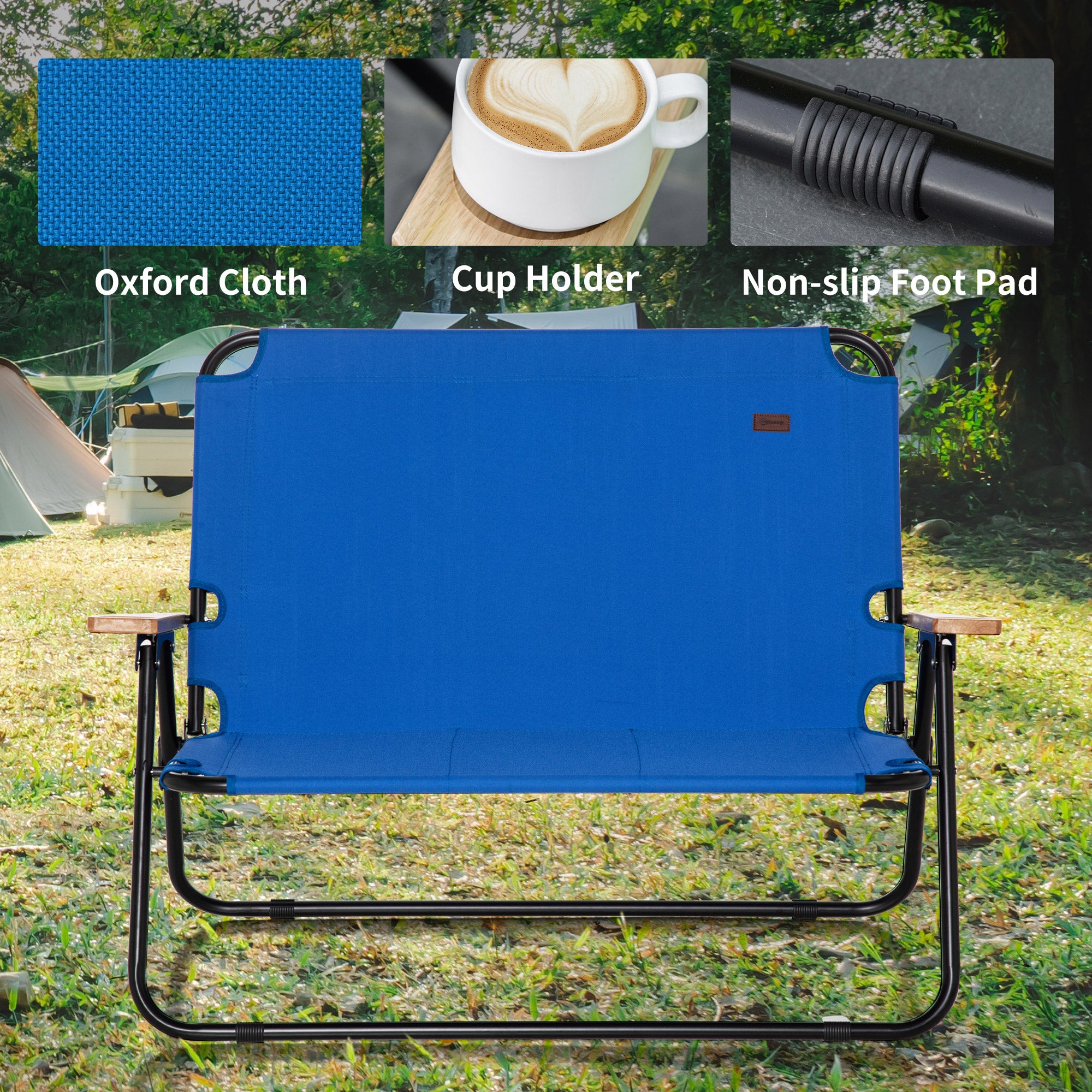 Double Folding Camping Chair, Loveseat for 2 Adults, Portable Camping Couch with Wood Armrest & Cupholders, for Backpacking, Beach, Sports Travel