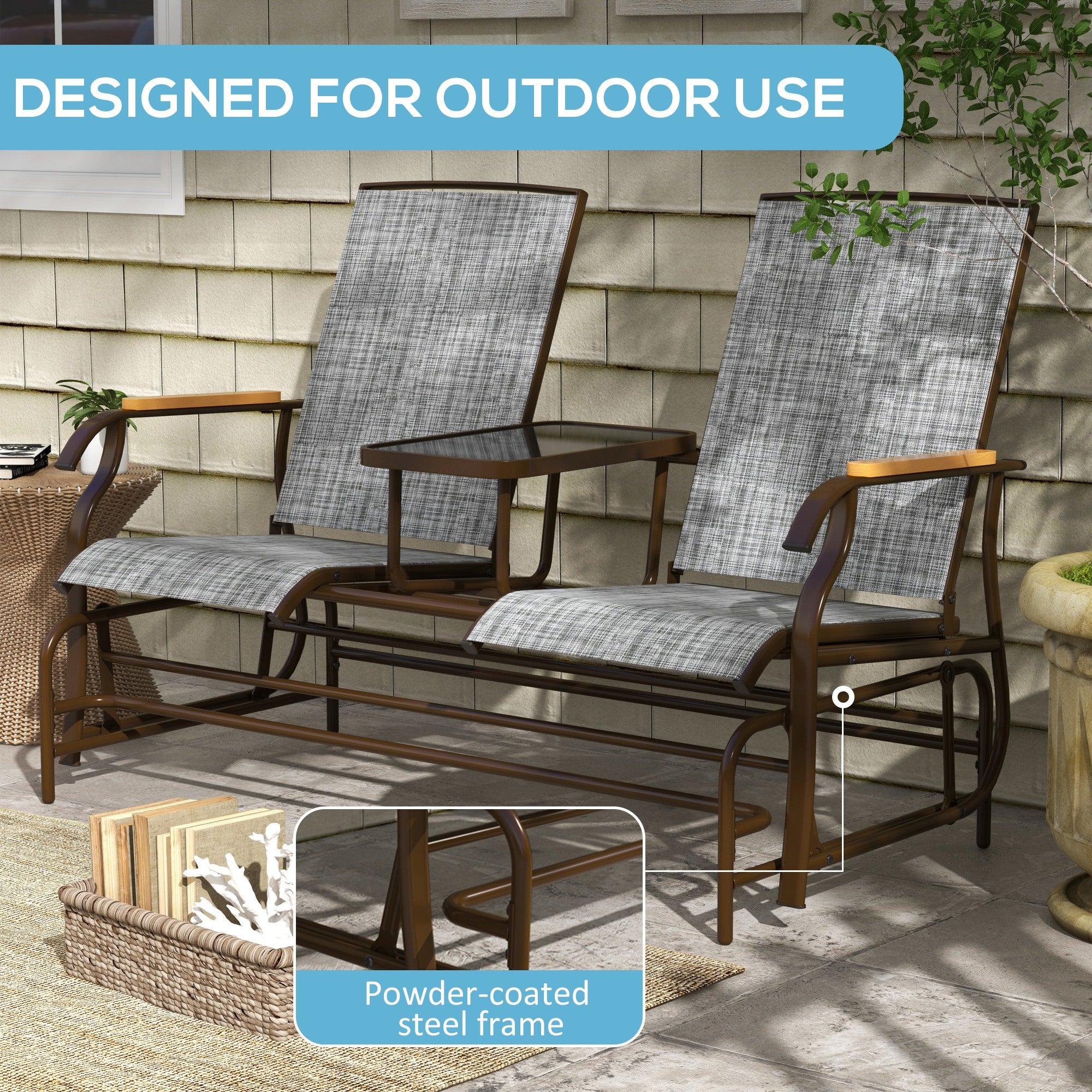 Outdoor 2-Person Glider Bench, Outside Glider Swing Chair Loveseat with Table, Steel Frame