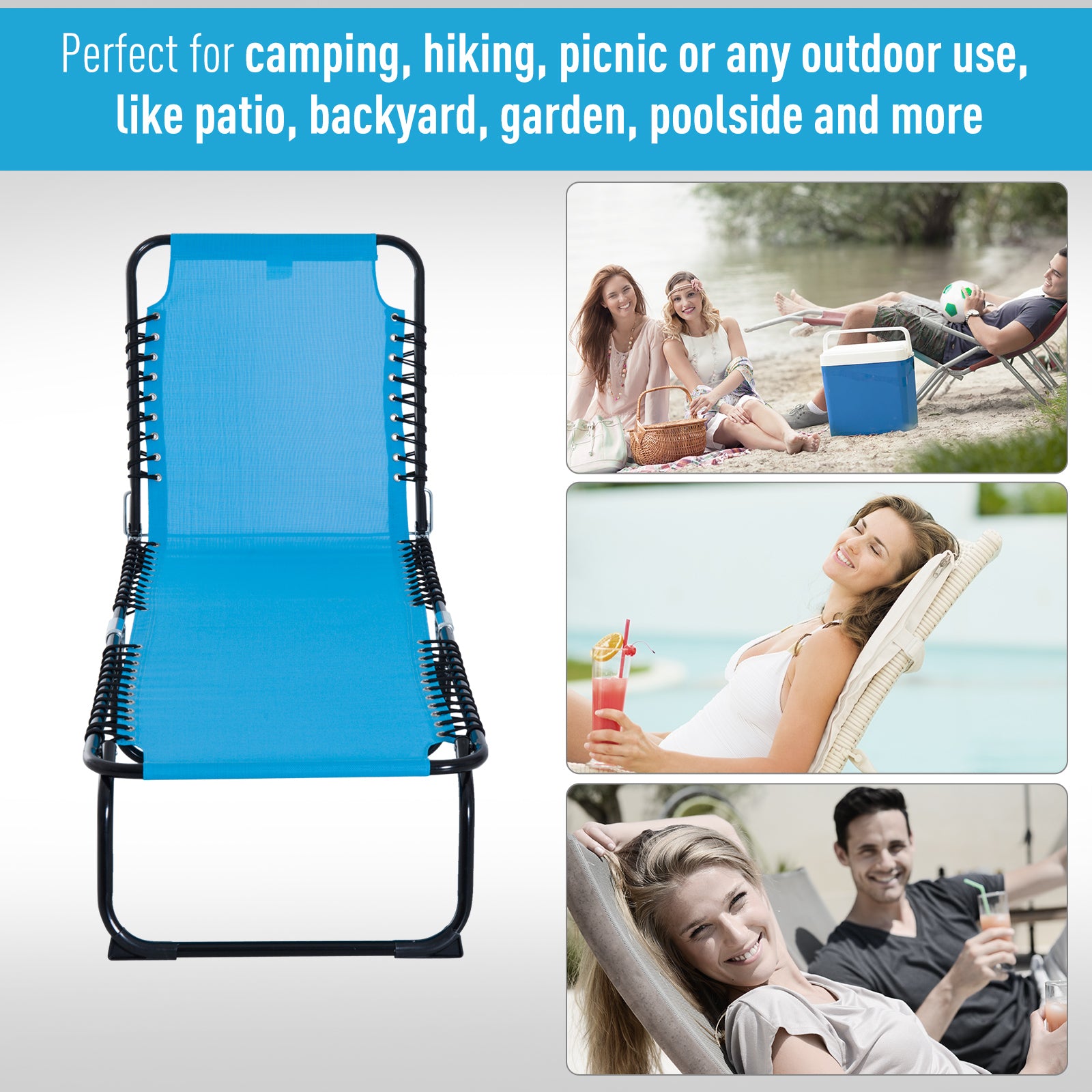 Foldable Chaise Lounge, 3-Position Reclining Back, Portable design and Breathable Mesh for Poolside, Camping, Hiking