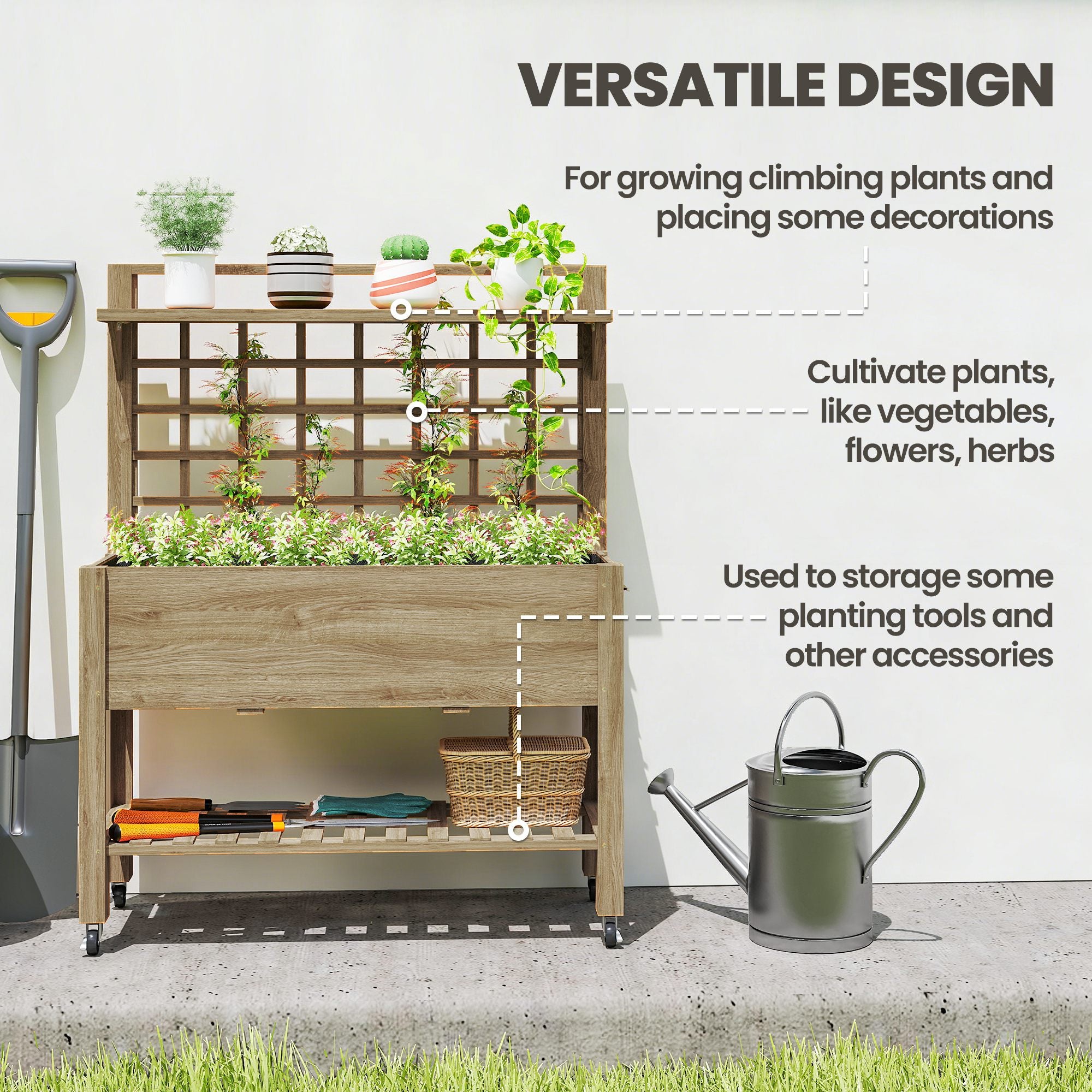 41" Raised Garden Bed Mobile Elevated Wooden Planter Box Stand with Wheels, Trellis and Storage Shelf