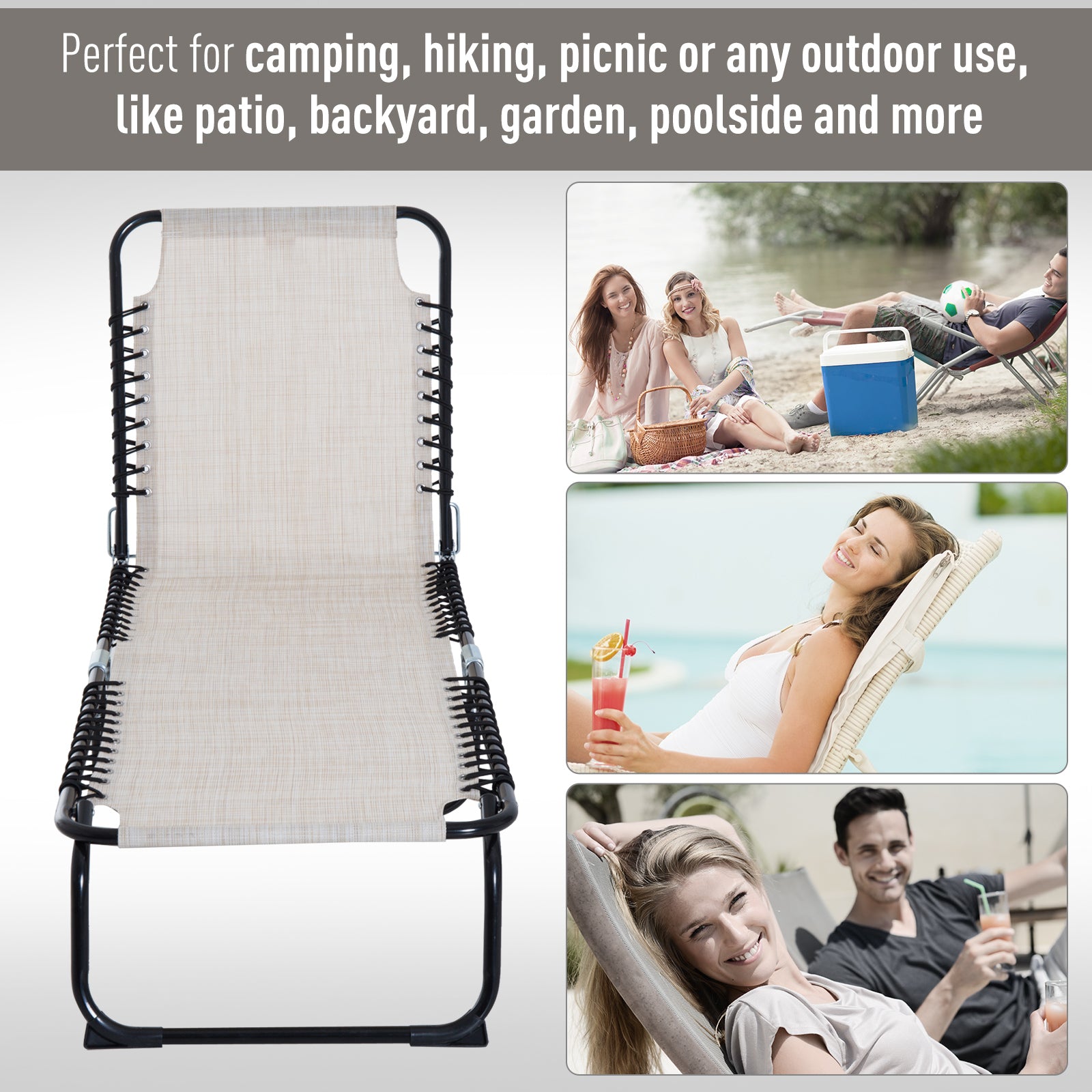 Foldable Chaise Lounge, 3-Position Reclining Back, Portable design and Breathable Mesh for Poolside, Camping, Hiking