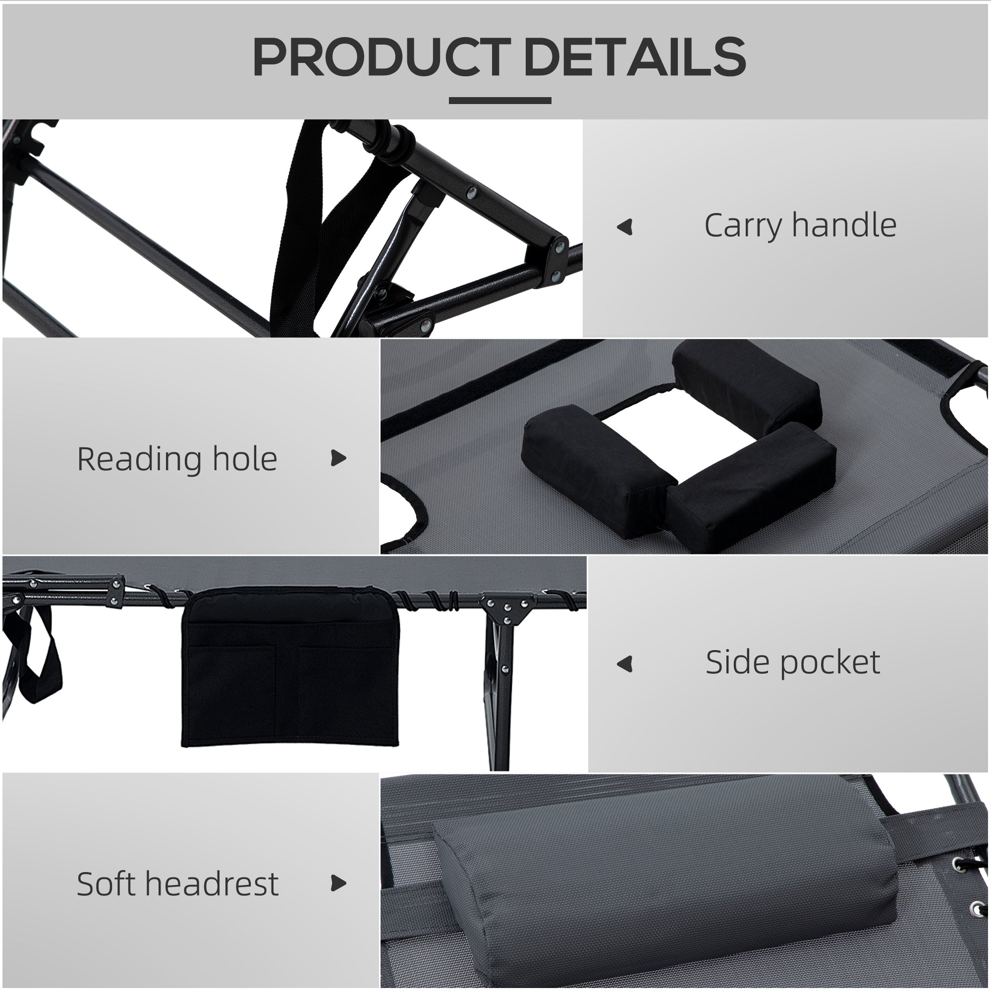 2 Piece Folding Chaise Lounge Pool Chairs with 5-level Reclining Back, Reading Hole, Side Pocket