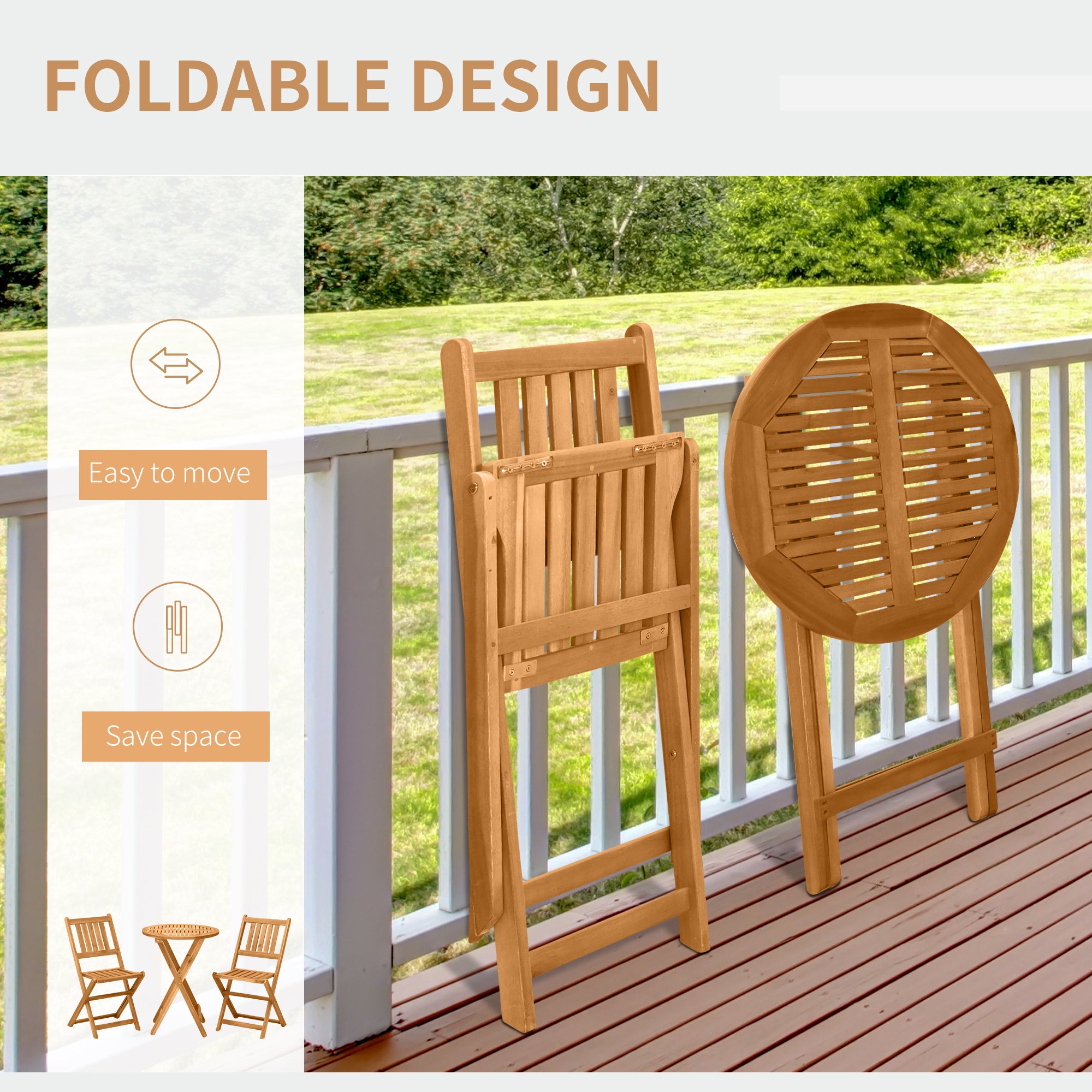 3-Piece Acacia Wood Bistro Set, Folding Patio Furniture with 2 Folding Chairs and Round Coffee Table, Teak, Slatted Finish, for Backyard, Balcony, Deck, Natural
