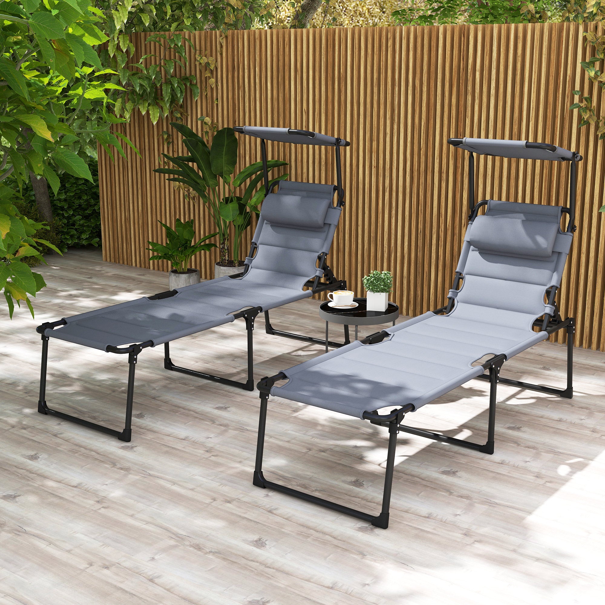 2 Pcs Outdoor Lounge Chair, 4 Position Adjustable Backrest, Folding, Cushioned w/ Sun Shade Roof & Pillow