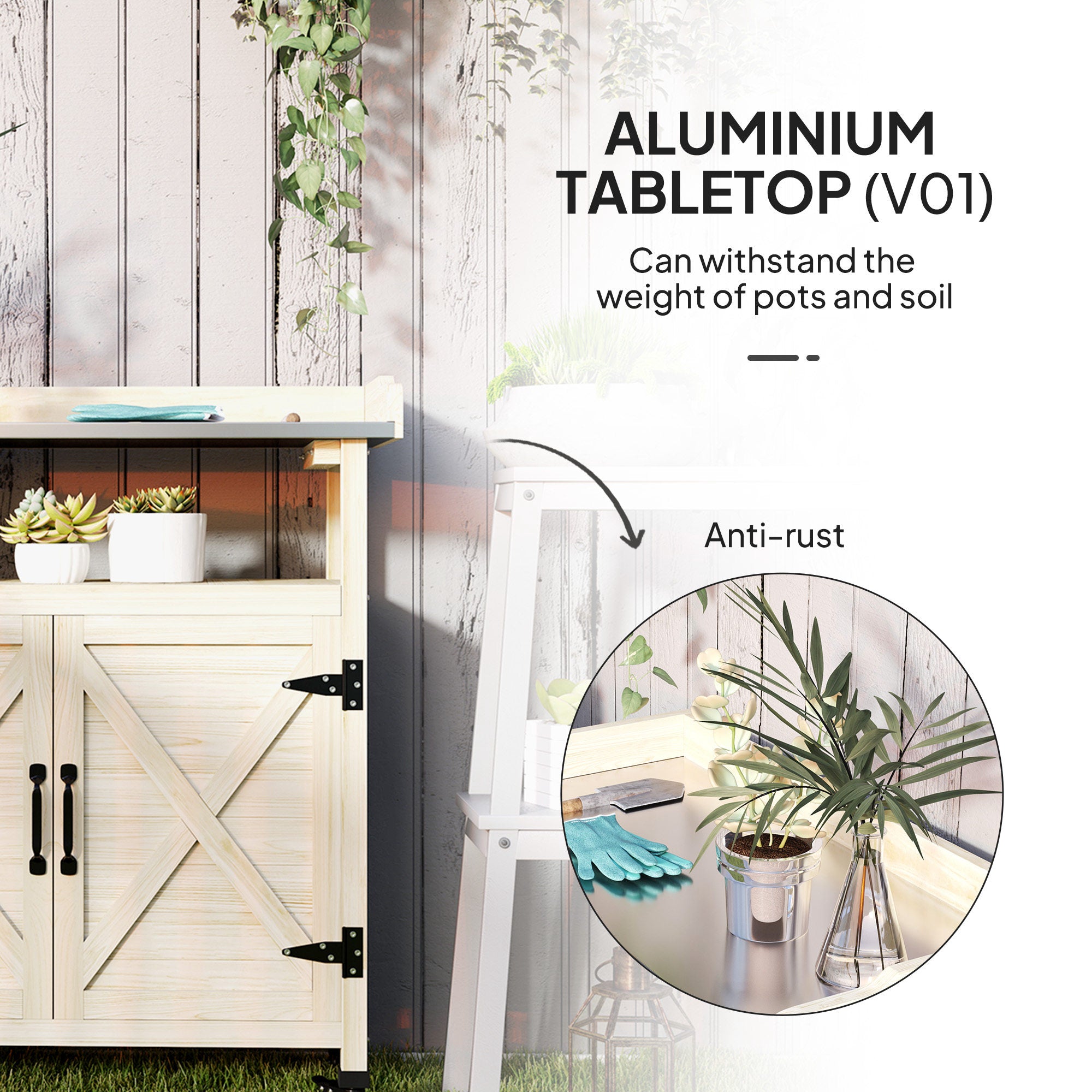Outdoor Wooden Potting Bench with Storage Cabinet, Aluminum Tabletop, Rubber Wheels for Backyard, Patio, Balcony