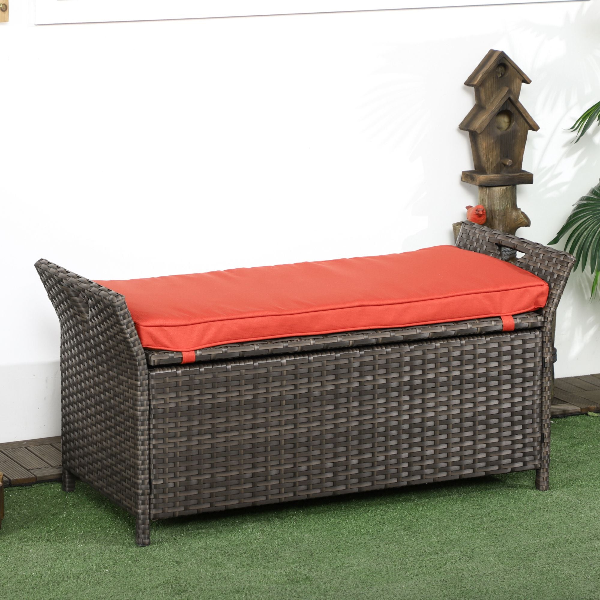 29 Gallon Patio Wicker Storage Bench, Outdoor PE Rattan Patio Furniture, 2-In-1 Large Capacity Rectangle Garden Storage Box with Handles and Cushion, Red