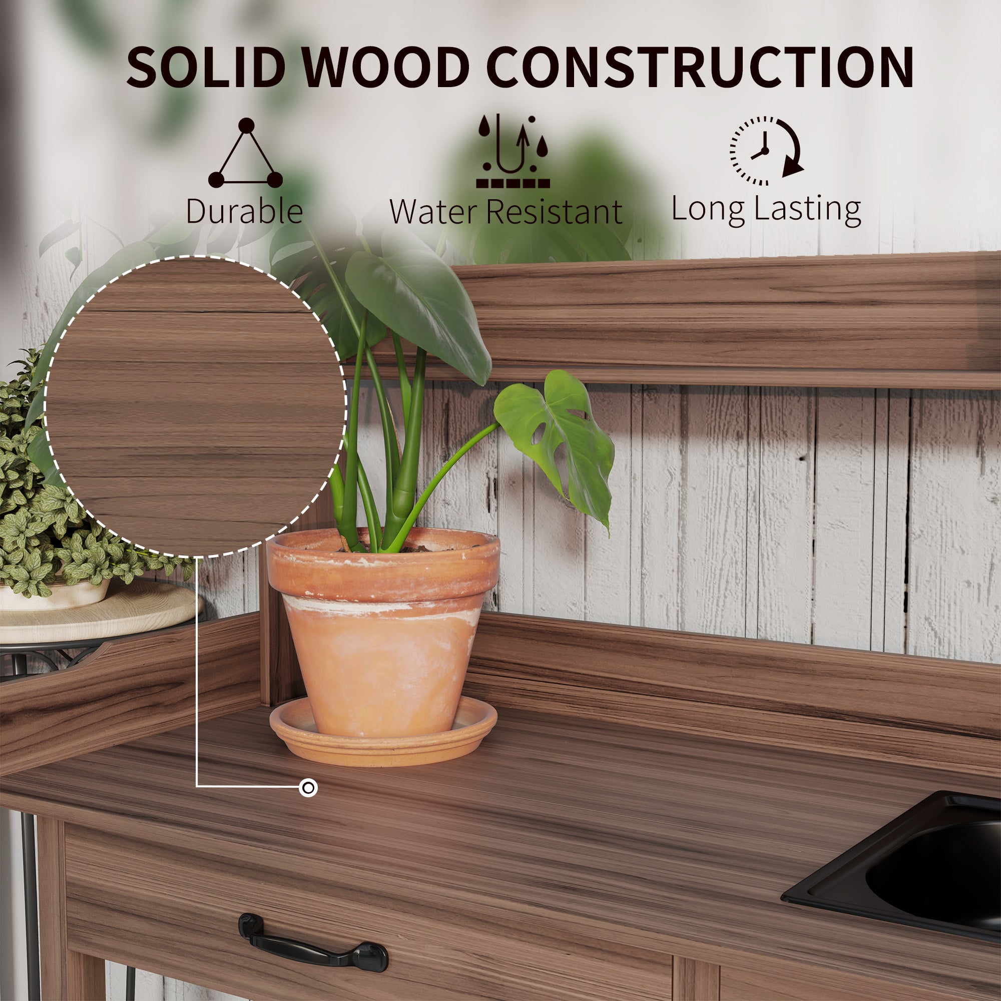 Potting Bench Table with Removable Sink, Outdoor Work Bench Table with Storage Cabinet, Hooks, Faucet and Drawer for Greenhouse, Garden, Patio