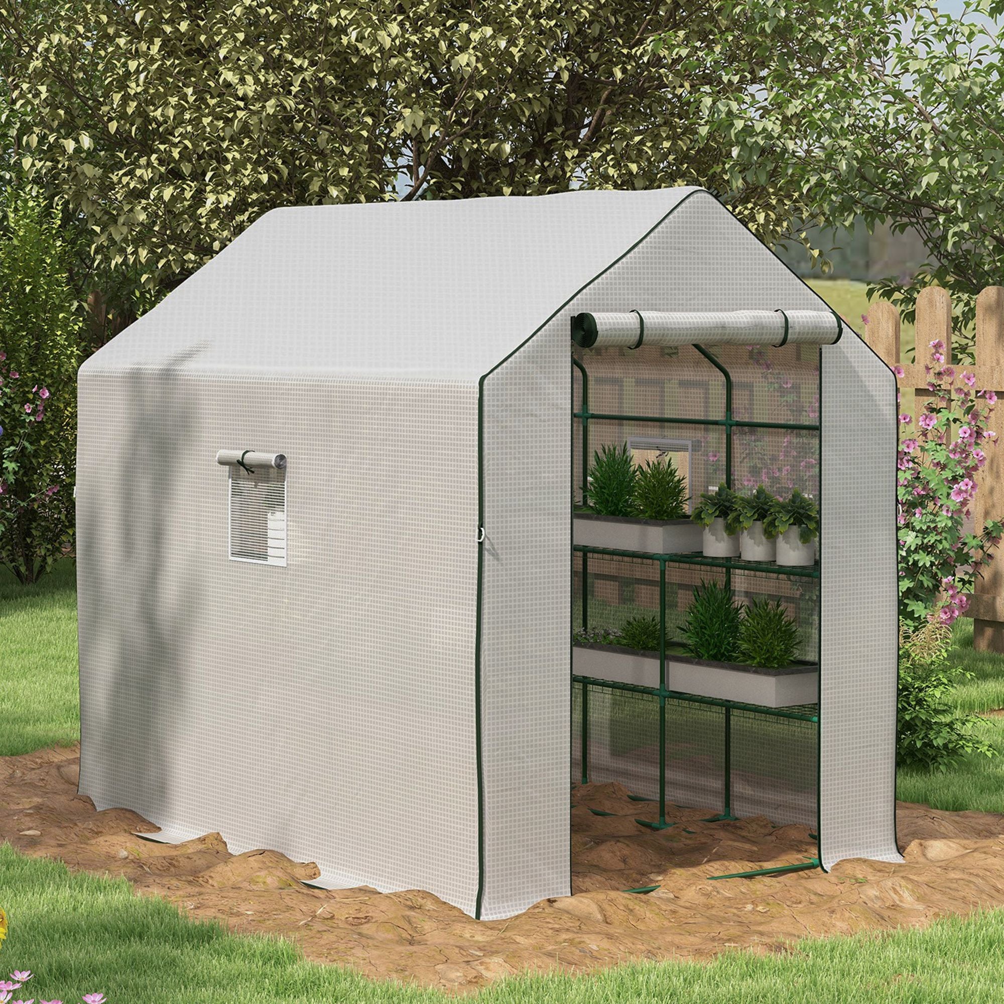 4.6' x 4.7' Portable Greenhouse, Water/UV Resistant Walk-In Small Outdoor Green House with 2 Tier U-Shaped Flower Rack Shelves, Roll Up Door & Windows