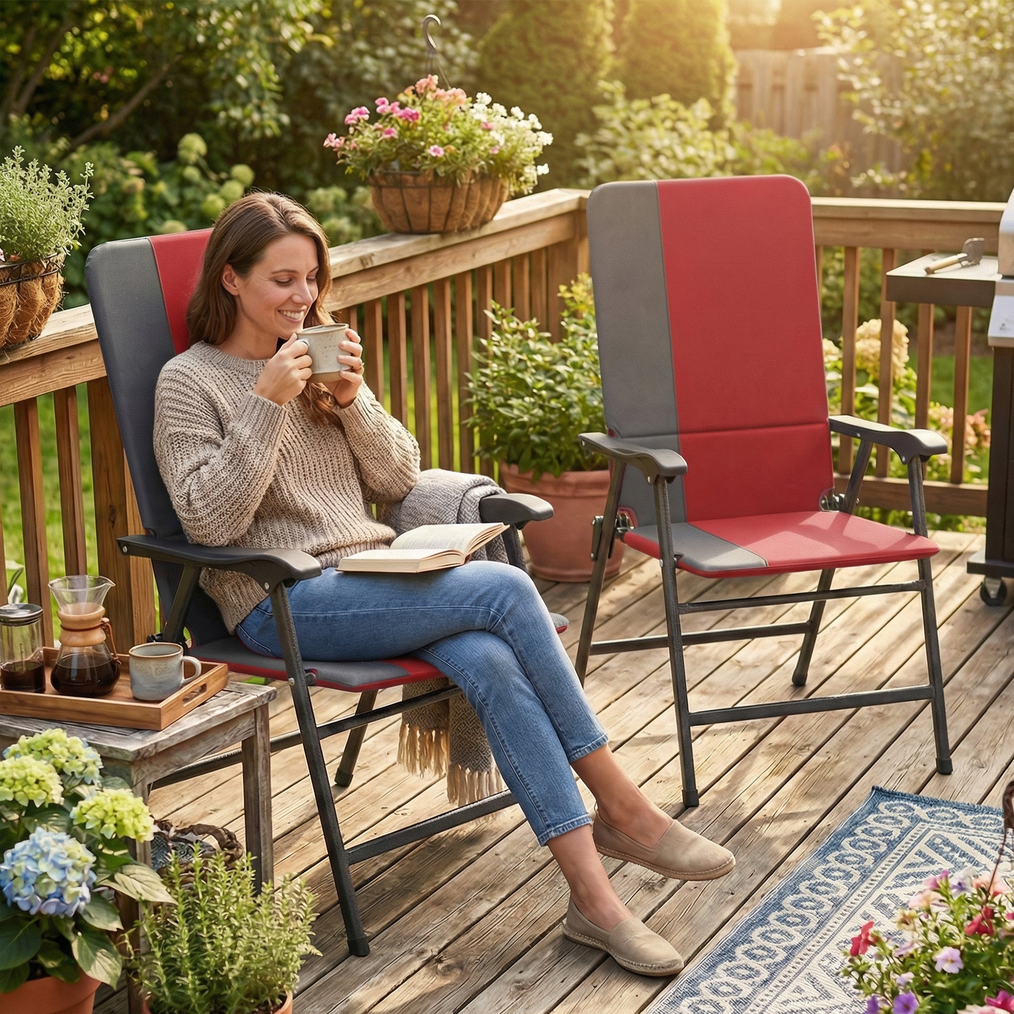 Folding Patio Chairs Set of 2, Padded High Back Lawn Camping Chairs with Armrests, 600D Oxford Fabric