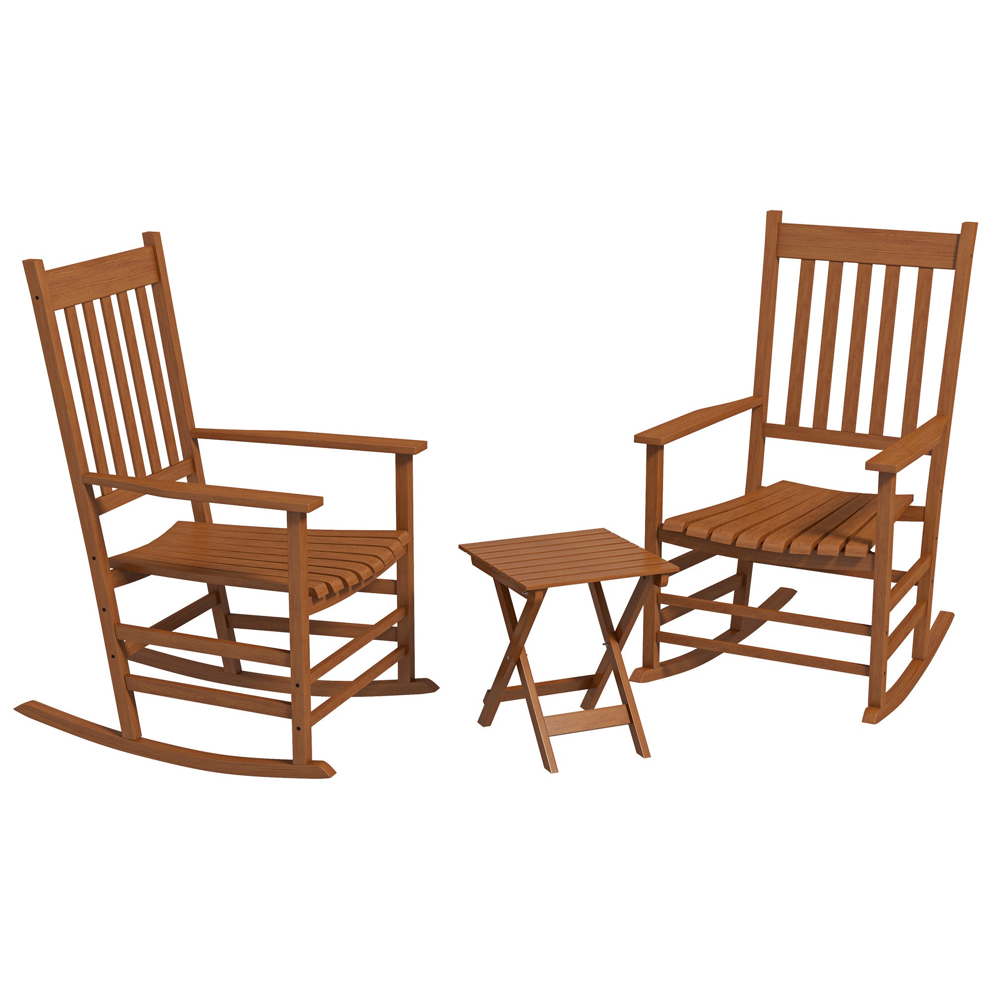 Outdoor Rocking Chair Set of 2 with Side Table, Patio Wooden Rocking Chair with Smooth Armrests, High Back for Garden, Balcony, Porch, Supports Up to 352 lbs.