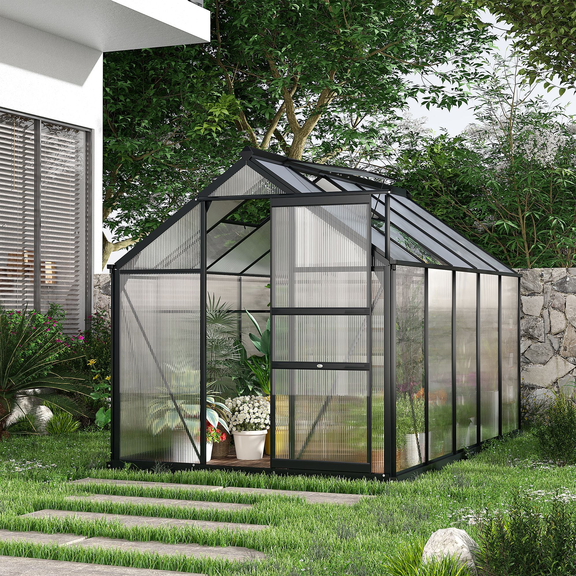 Greenhouse for Outdoors, Polycarbonate Greenhouse with Rain Gutter and Roof Vent, Aluminum Walk-in Green House for Patio Backyard Garden