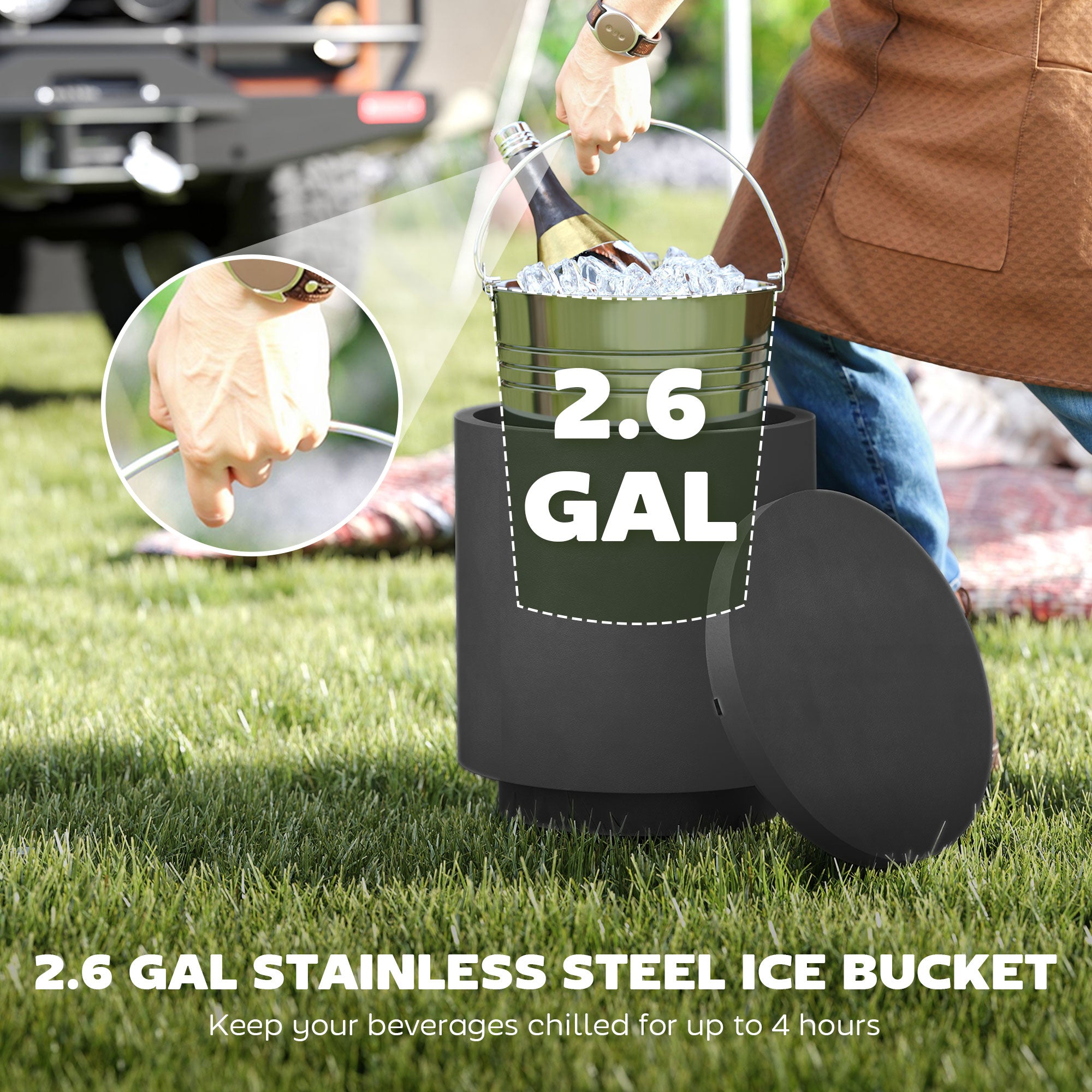 2.6 Gal Outdoor Side Table, 3-In-1 Concrete Cooler Bar Table with Storage, Removable Ice Bucket and Lid