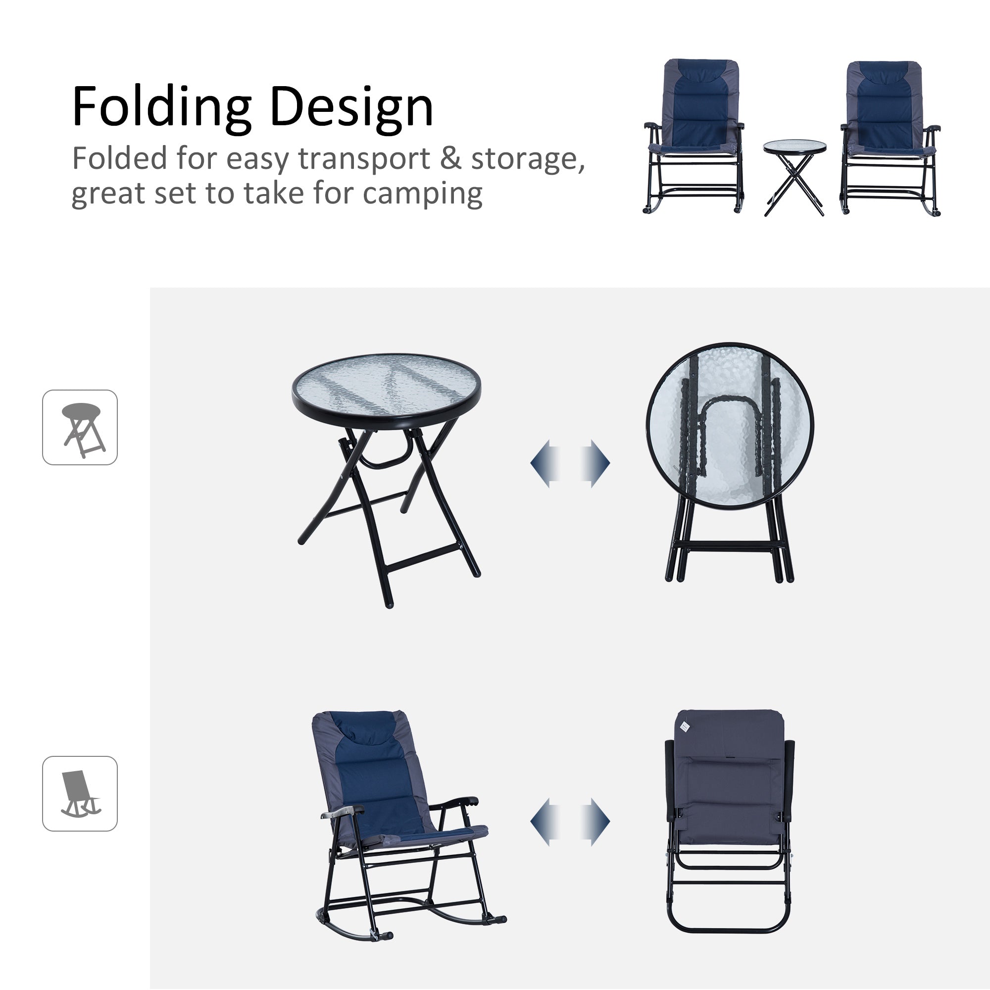 3 Piece Outdoor Folding Rocking Chair and Table Set - Blue and Gray