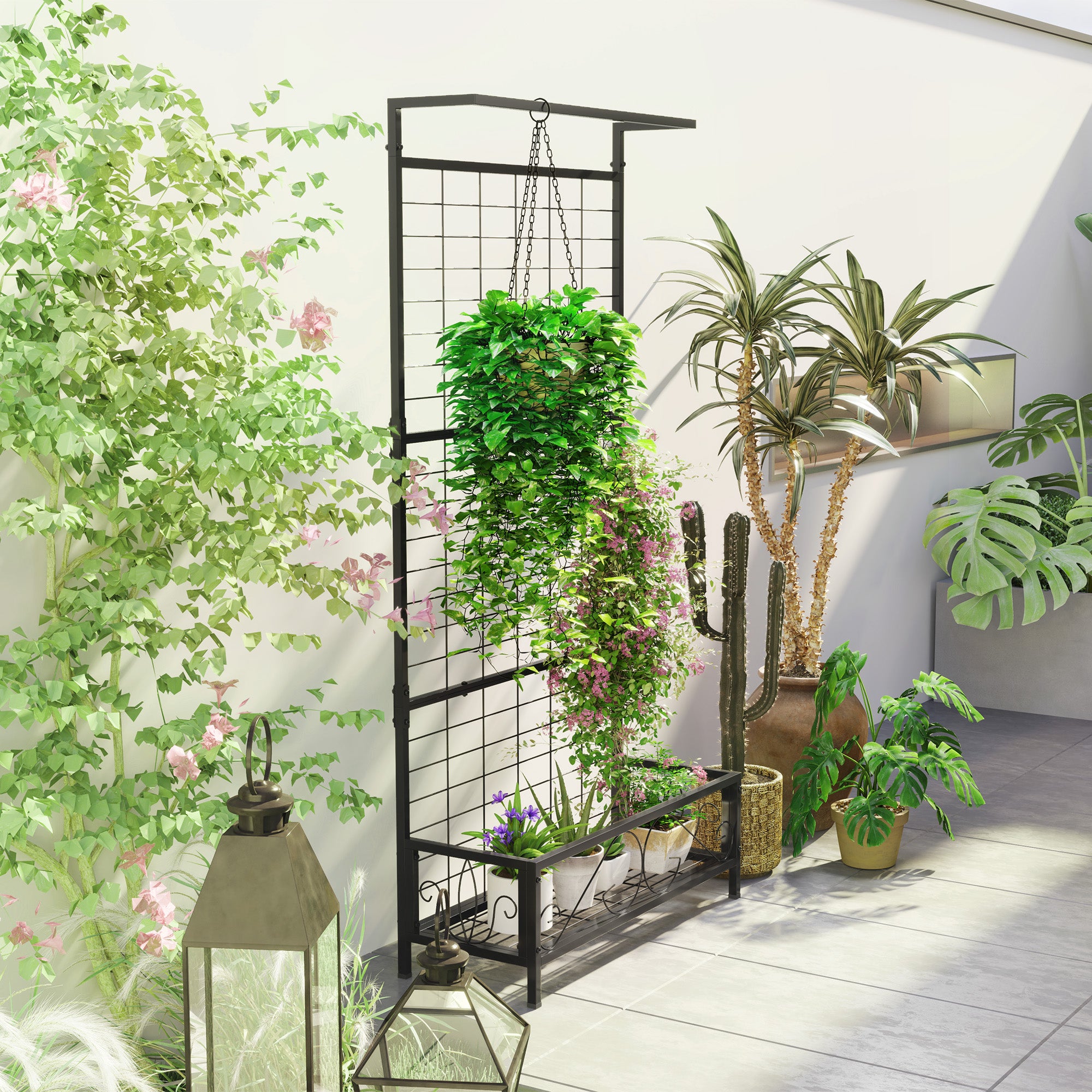 Metal Tall Plant Stand with Trellis and Hanging Bar, Plant Holder for Indoor Outdoor Use, 35" x 12.8" x 74"
