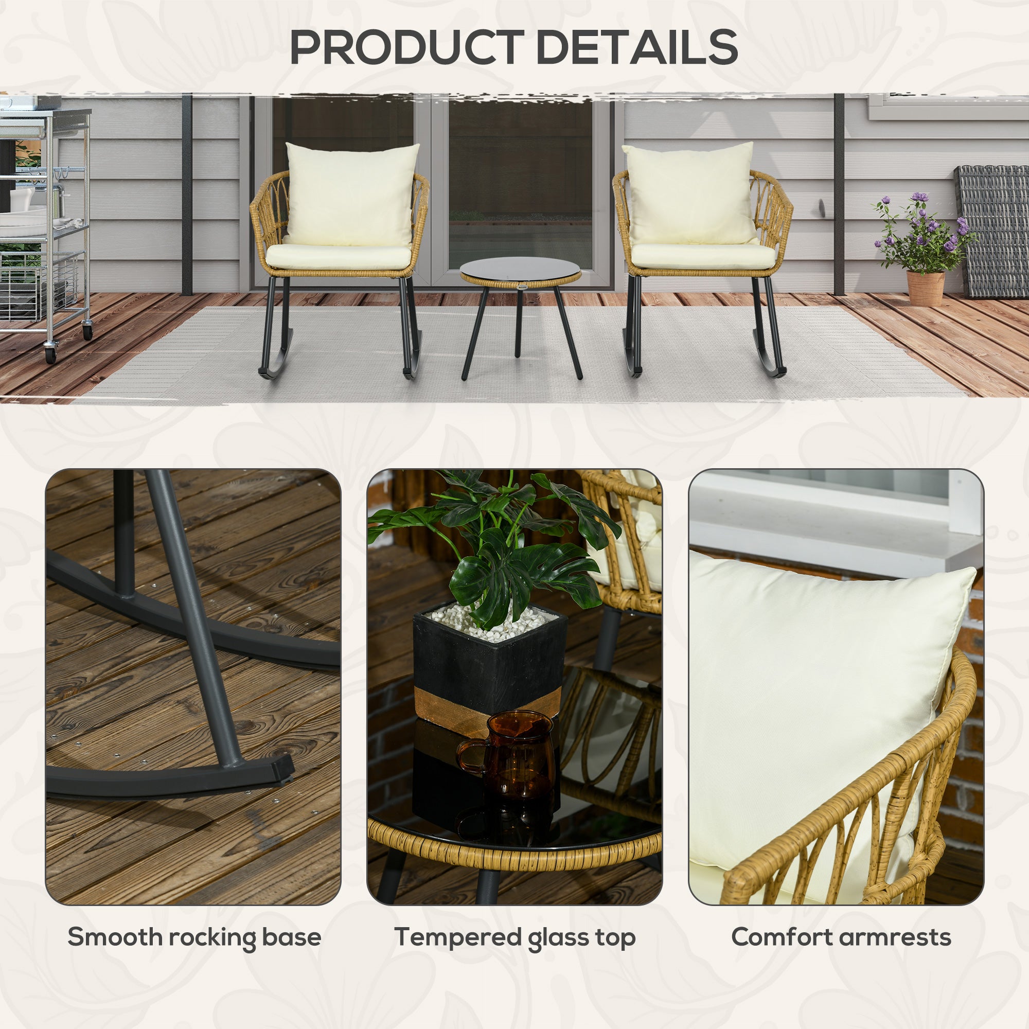 Wicker Outdoor Rocking Chair Set, 3 Piece Patio Bistro Set with 2 Porch Rocker Chairs, Glass Top Coffee Table and Cushions, Patio Conversation Set for Balcony, Backyard, Cream White