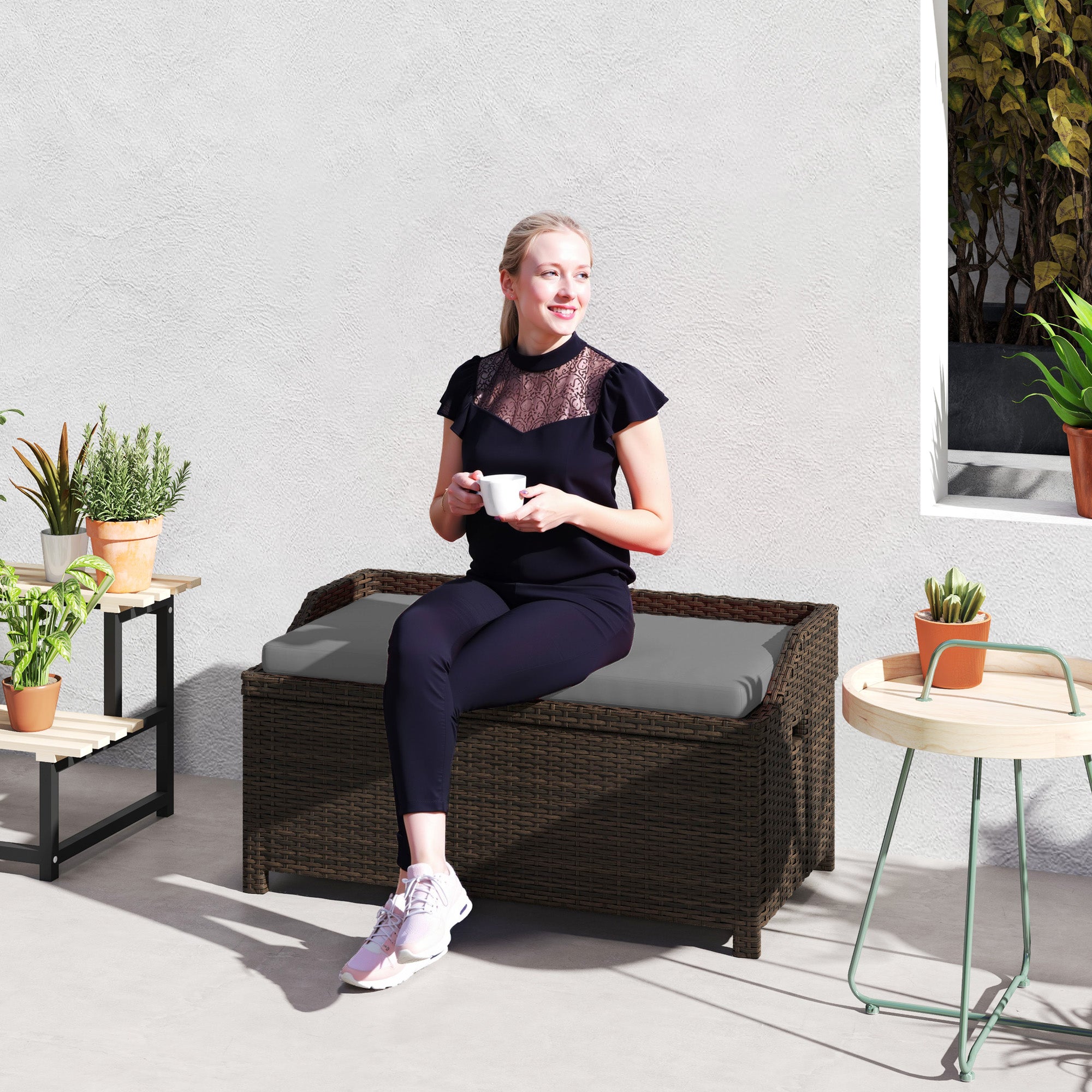 Outdoor Wicker Storage Bench with Storage & Cushion, Gray