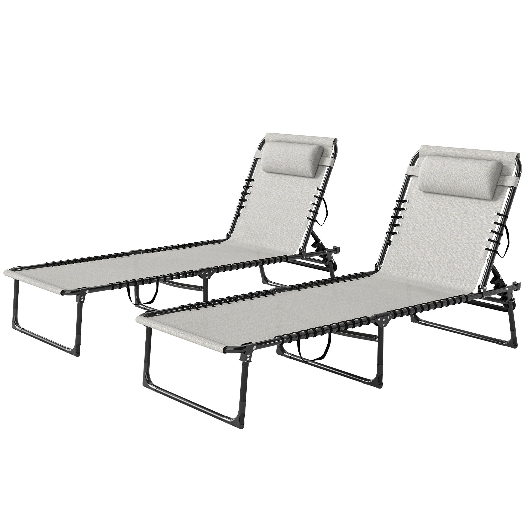 2 Folding Chaise Lounge Pool Chairs with 4-Position Reclining Back, Pillow, Breathable Mesh & Bungee Seat