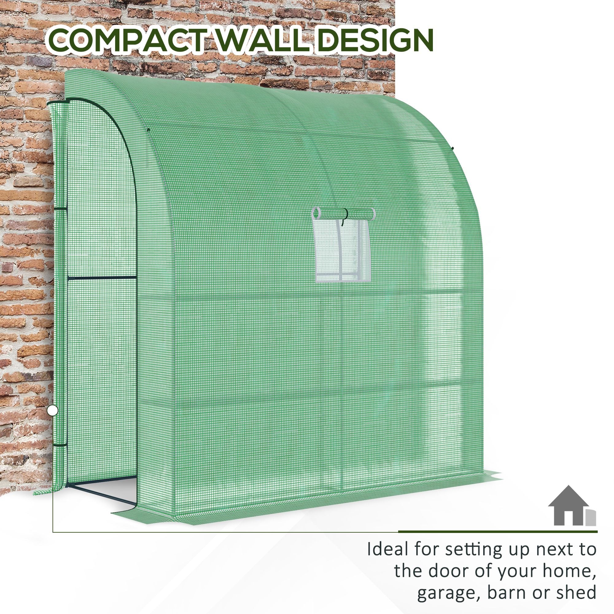 7' x 3' x 7' Lean to Greenhouse, Walk-In Green House, Plant Nursery with 2 Roll-up Doors and Windows, PE Cover and 3 Wire Shelves, Green